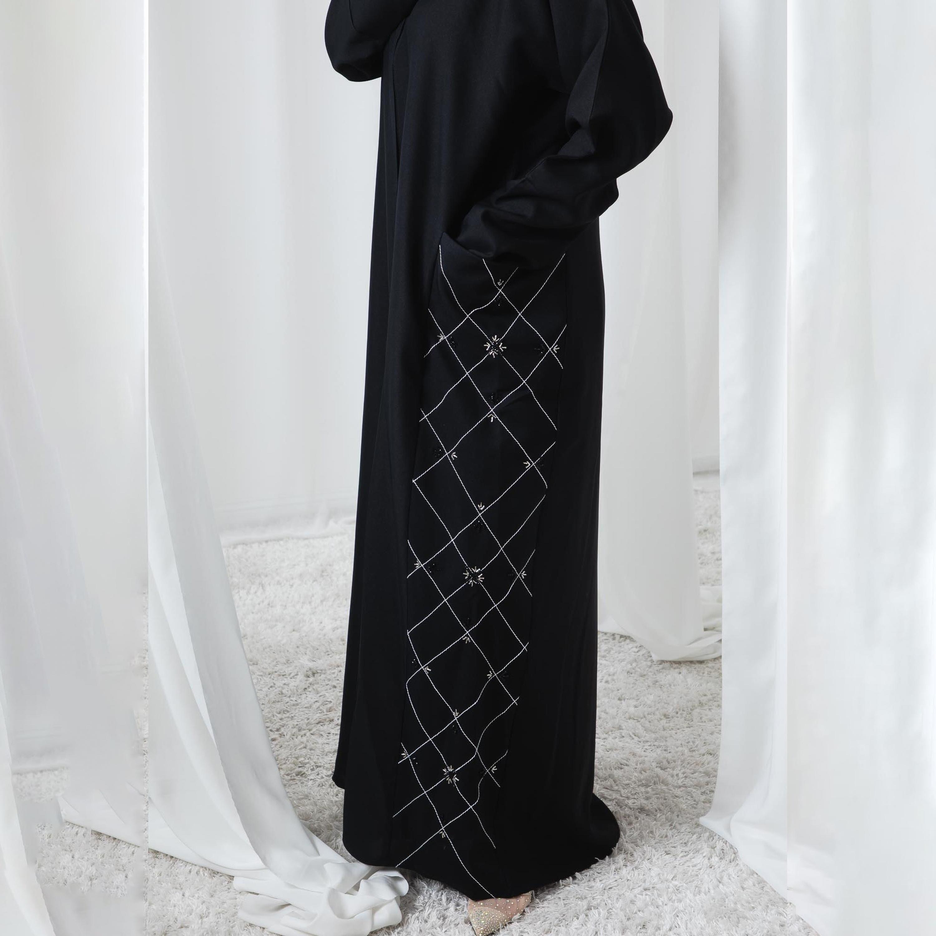 Msquare Fashion Black Embroidered and Embellished Pocket Women's Abaya-women-arabicclothing-abayas-image-2