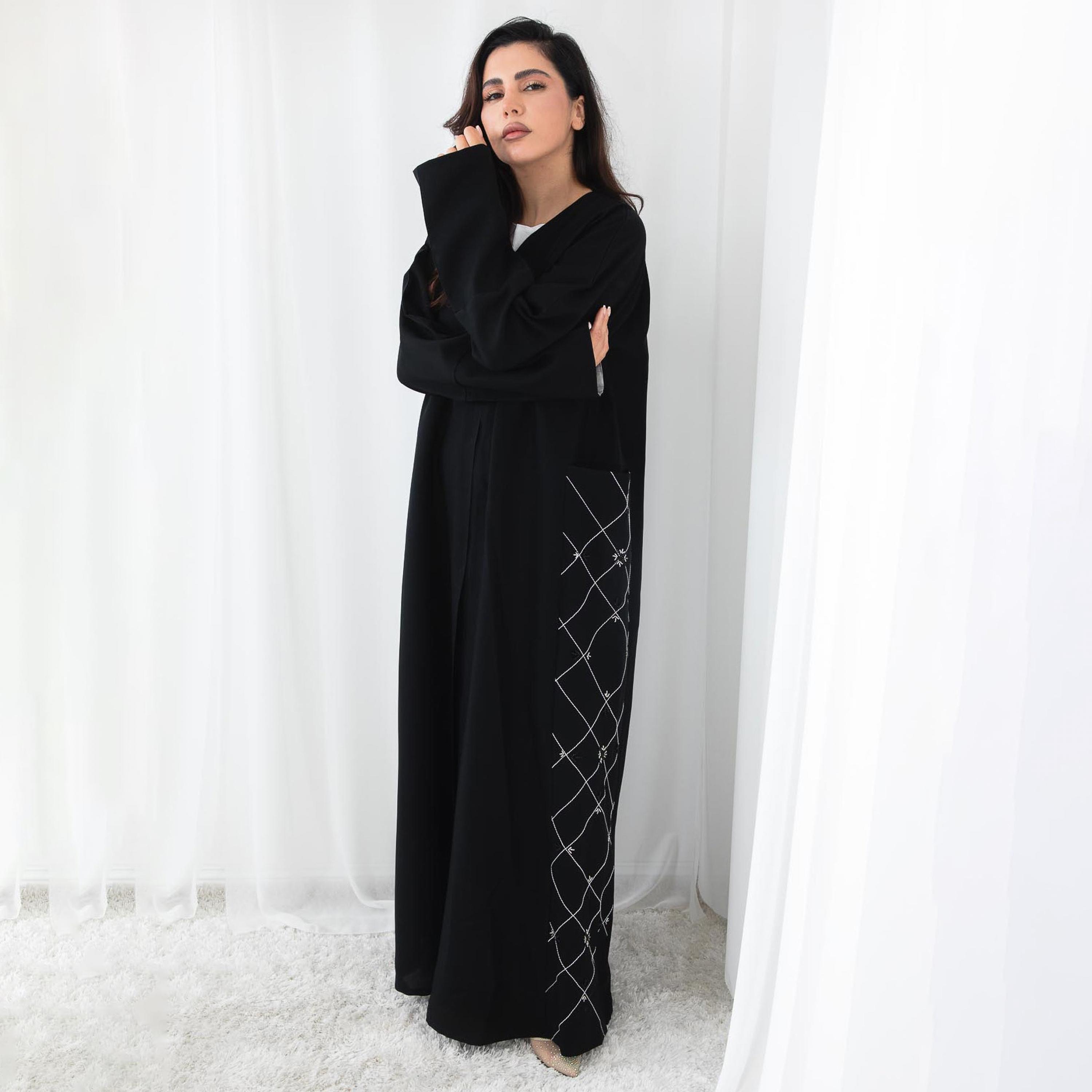 Msquare Fashion Black Embroidered and Embellished Pocket Women's Abaya-women-arabicclothing-abayas-image-3