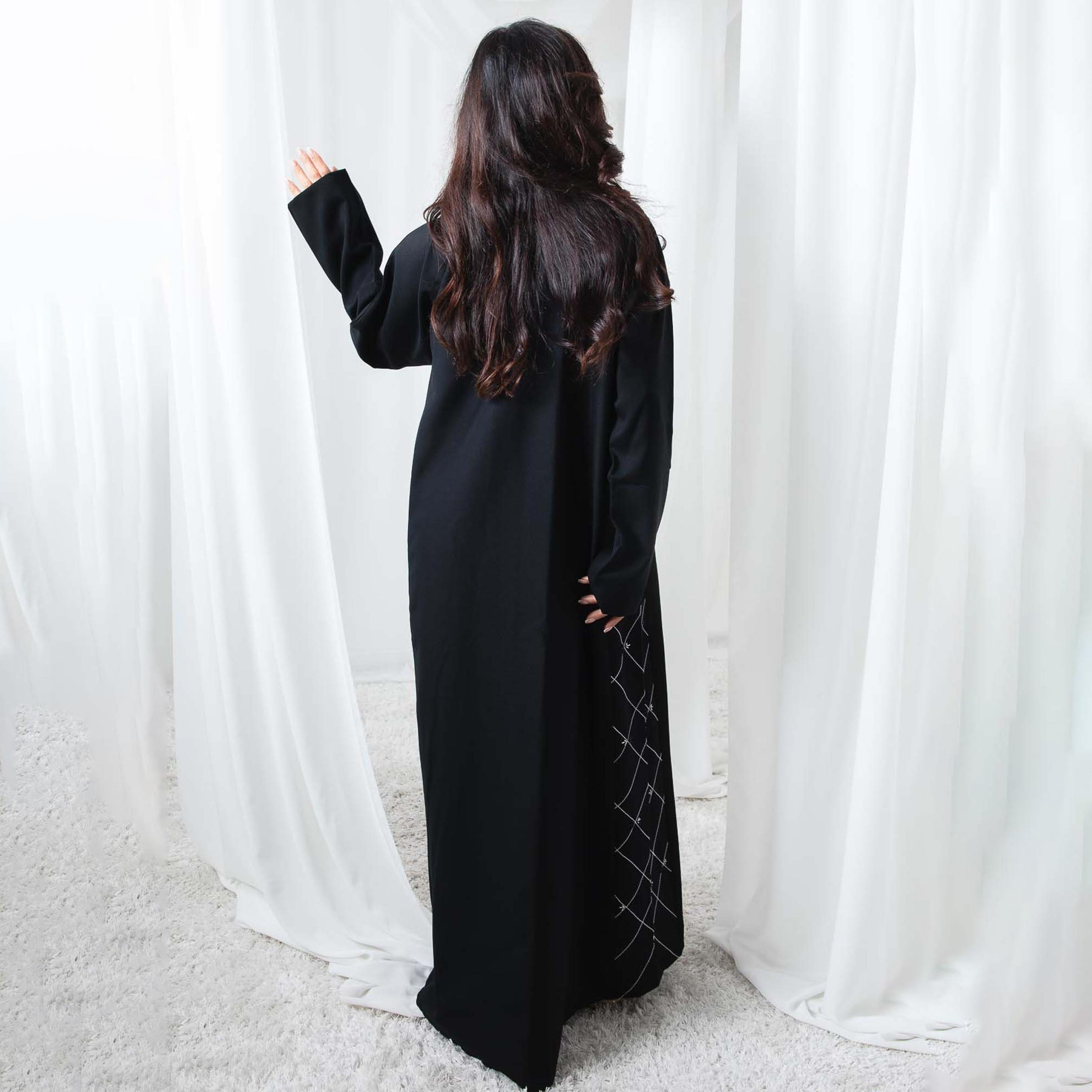 Msquare Fashion Black Embroidered and Embellished Pocket Women's Abaya-women-arabicclothing-abayas-image-4