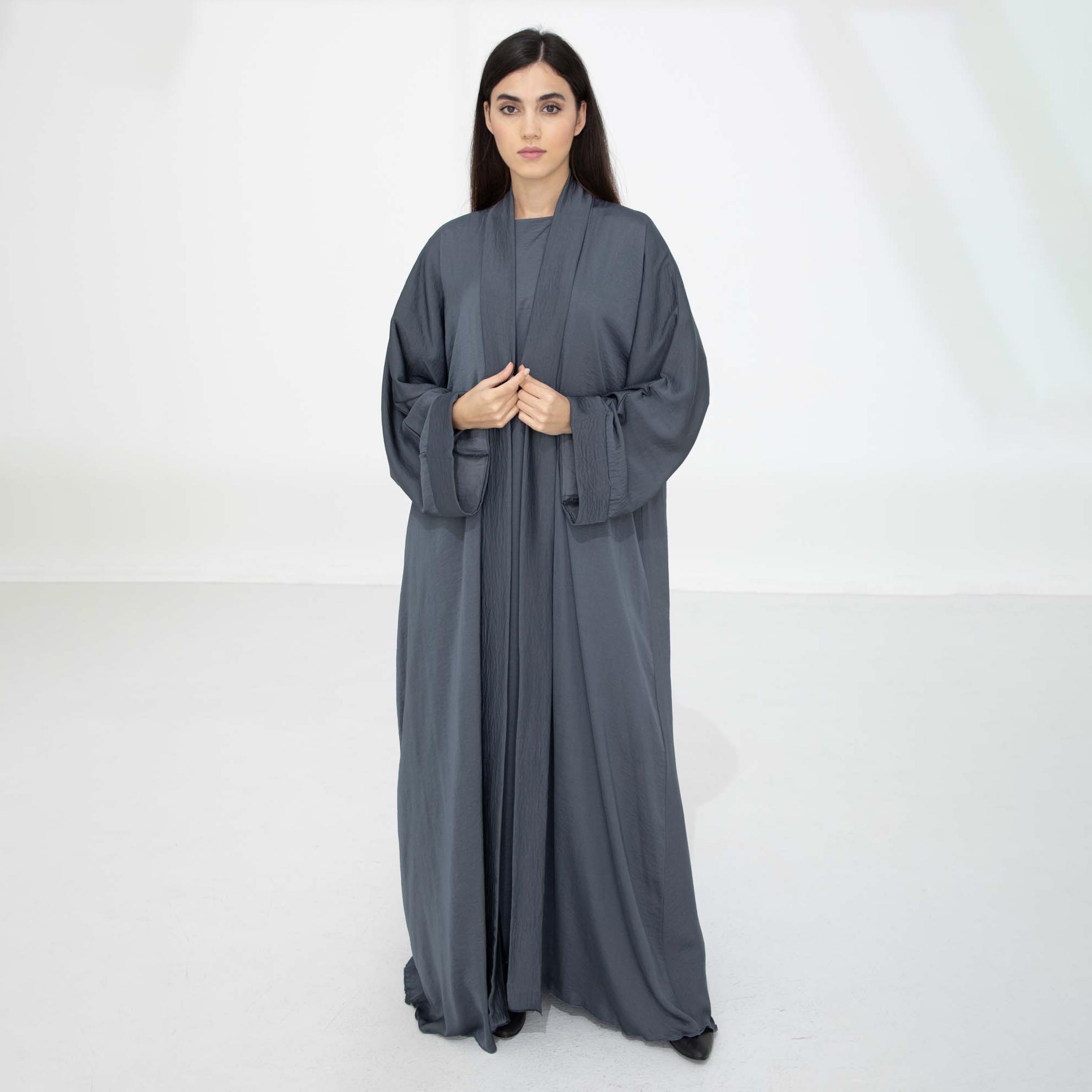 Msquare Fashion Grey 2-Piece Textured Wide Sleeves Harir Maqsood Women's Abaya with Hijab-women-arabicclothing-abayas-image-1