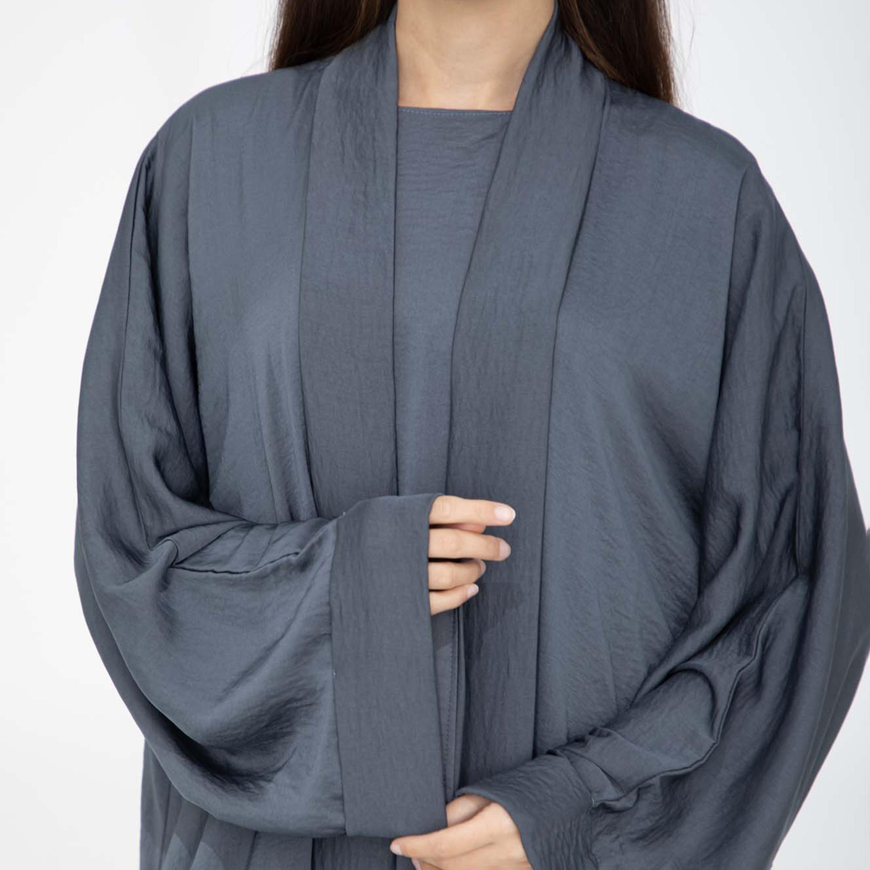 Msquare Fashion Grey 2-Piece Textured Wide Sleeves Harir Maqsood Women's Abaya with Hijab-women-arabicclothing-abayas-image-2