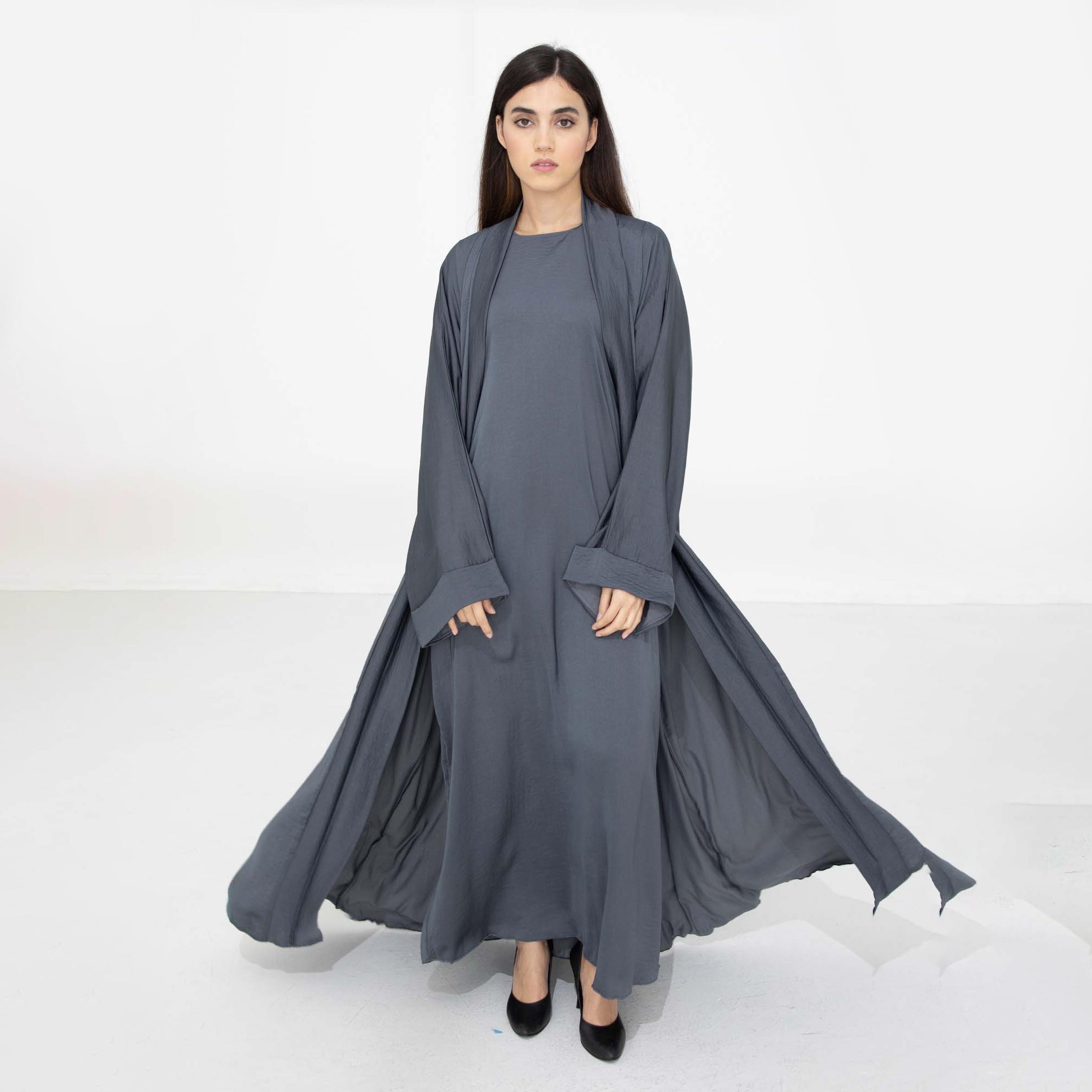 Msquare Fashion Grey 2-Piece Textured Wide Sleeves Harir Maqsood Women's Abaya with Hijab-women-arabicclothing-abayas-image-3
