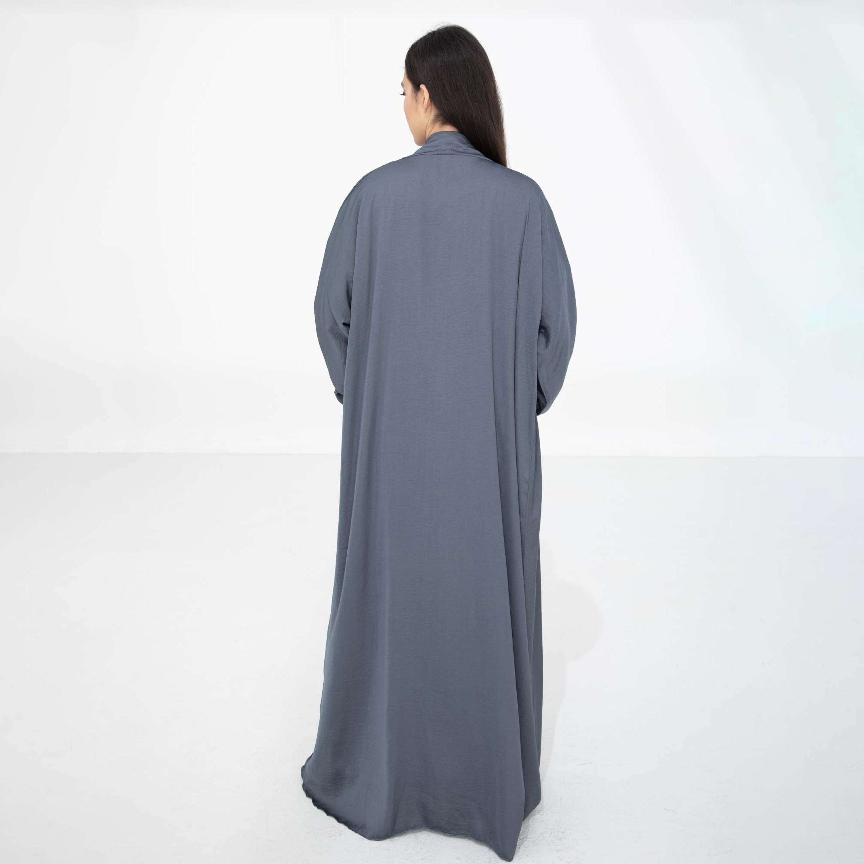 Msquare Fashion Grey 2-Piece Textured Wide Sleeves Harir Maqsood Women's Abaya with Hijab-women-arabicclothing-abayas-image-4
