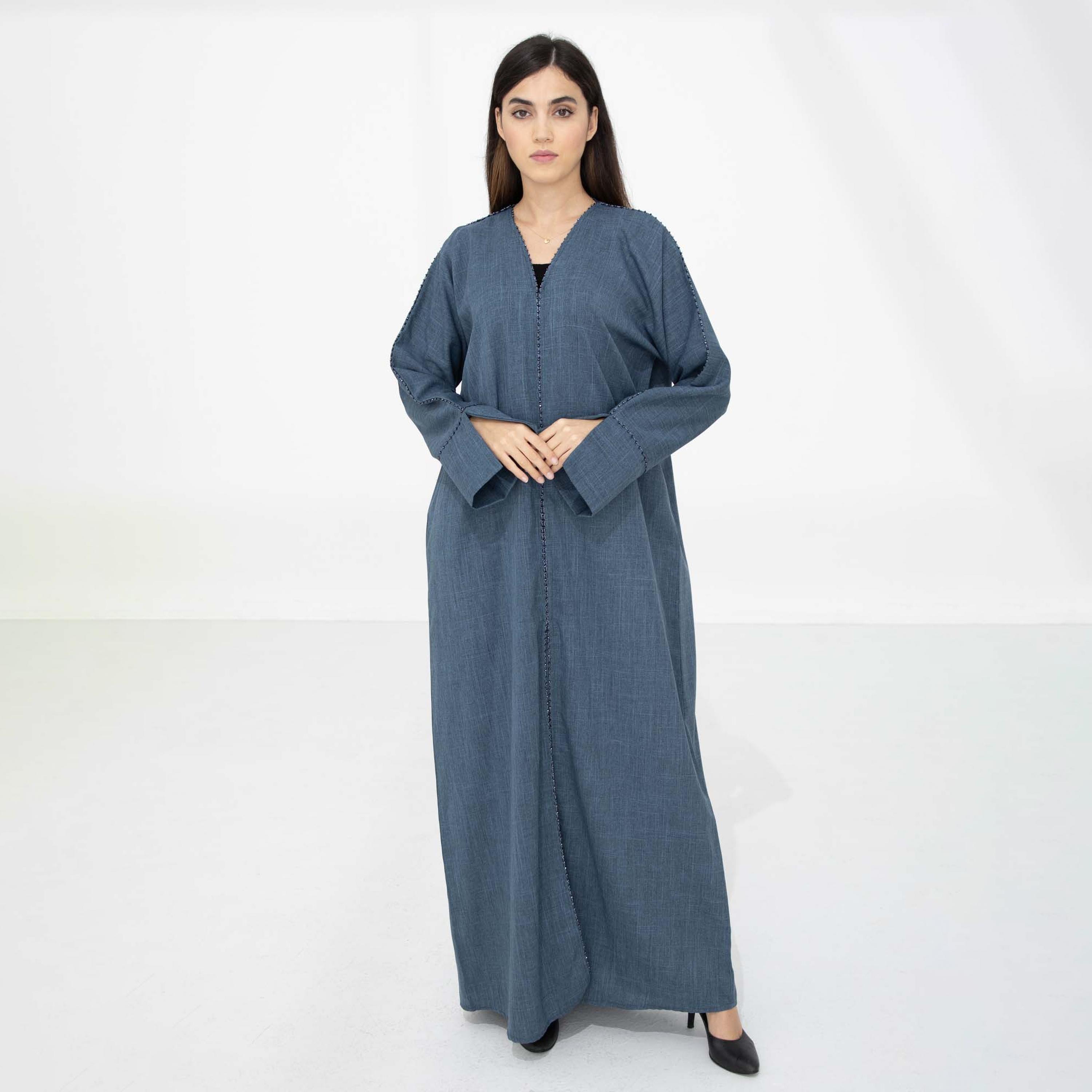 Msquare Fashion Blue Beaded Open Cuff Sleeves Harir Maqsood Women's Abaya with Hijab-women-arabicclothing-abayas-image-1