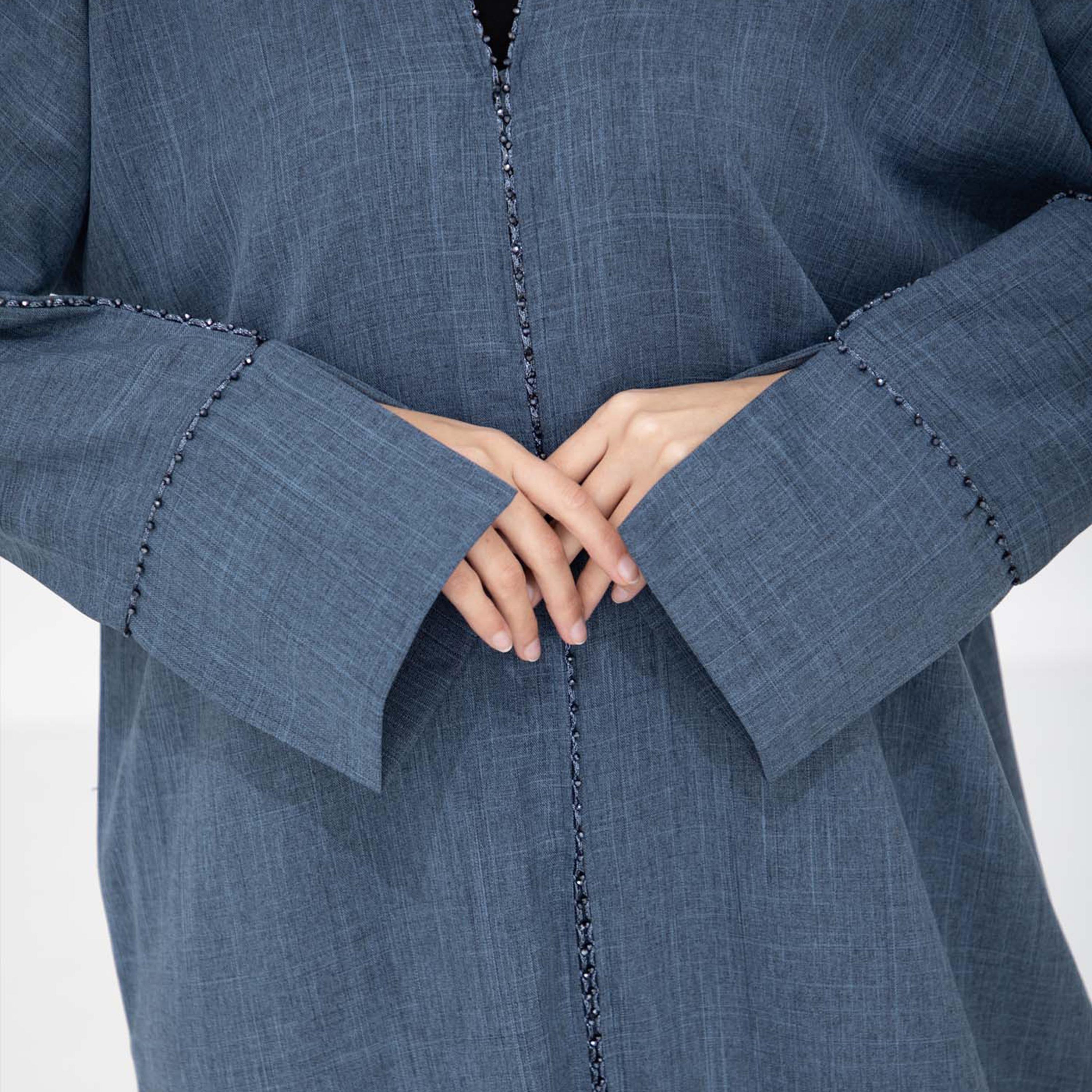 Msquare Fashion Blue Beaded Open Cuff Sleeves Harir Maqsood Women's Abaya with Hijab-women-arabicclothing-abayas-image-2
