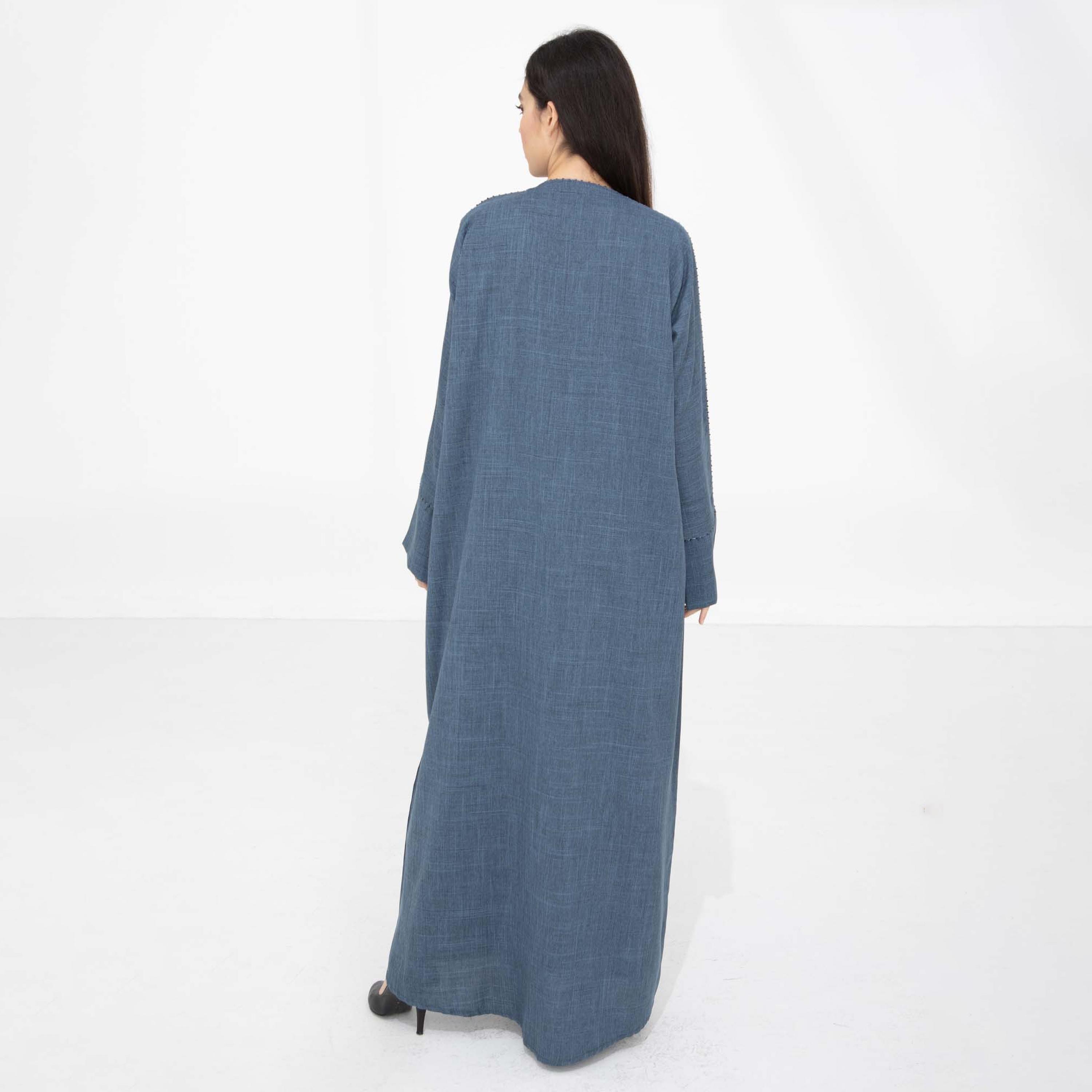 Msquare Fashion Blue Beaded Open Cuff Sleeves Harir Maqsood Women's Abaya with Hijab-women-arabicclothing-abayas-image-3