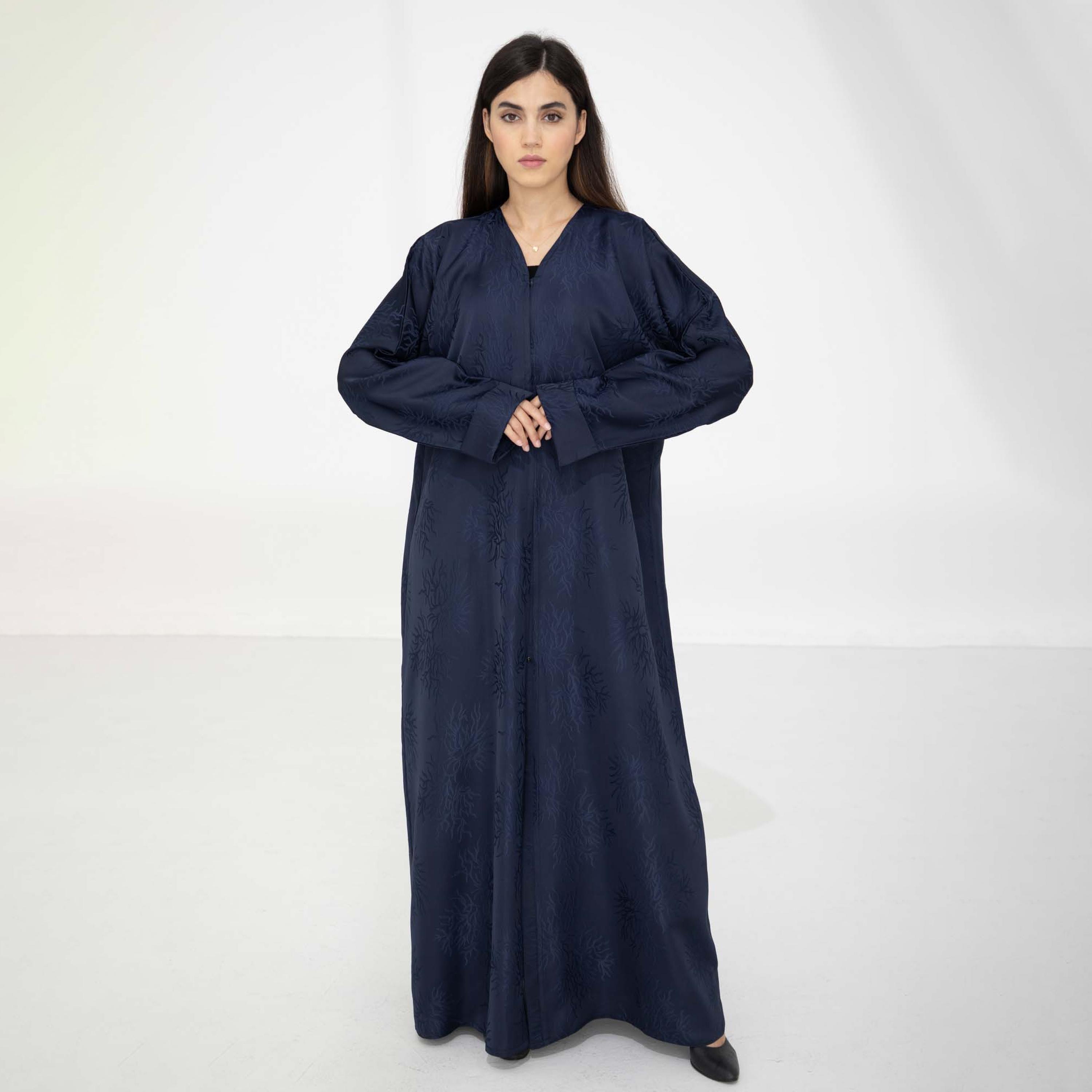 Msquare Fashion Navy Jacquard Women's Abaya with Hijab-women-arabicclothing-abayas-image-1