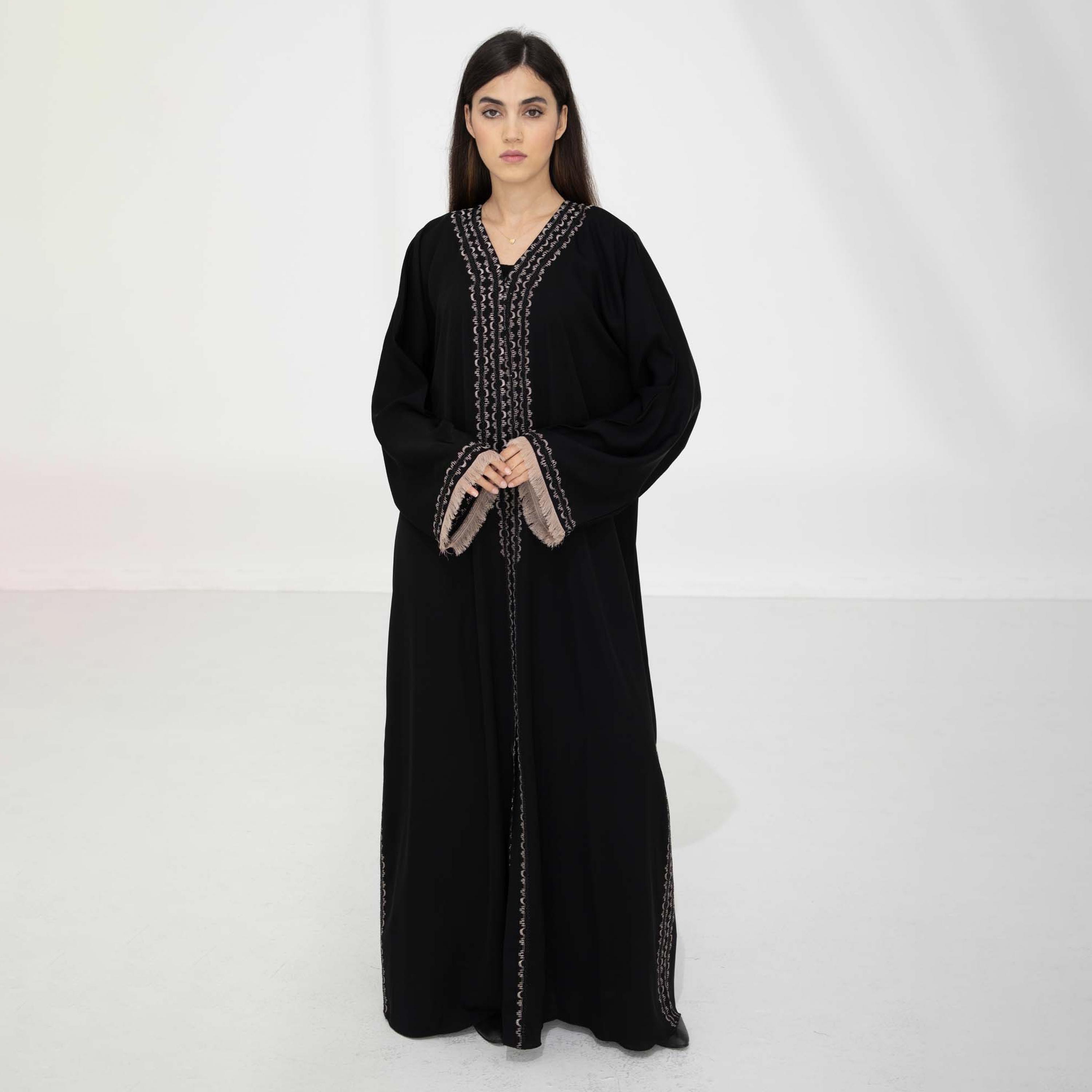 Msquare Fashion Black Contrast Thread Work Frayed Sleeves Nida Women's Abaya with Hijab-women-arabicclothing-abayas-image-1