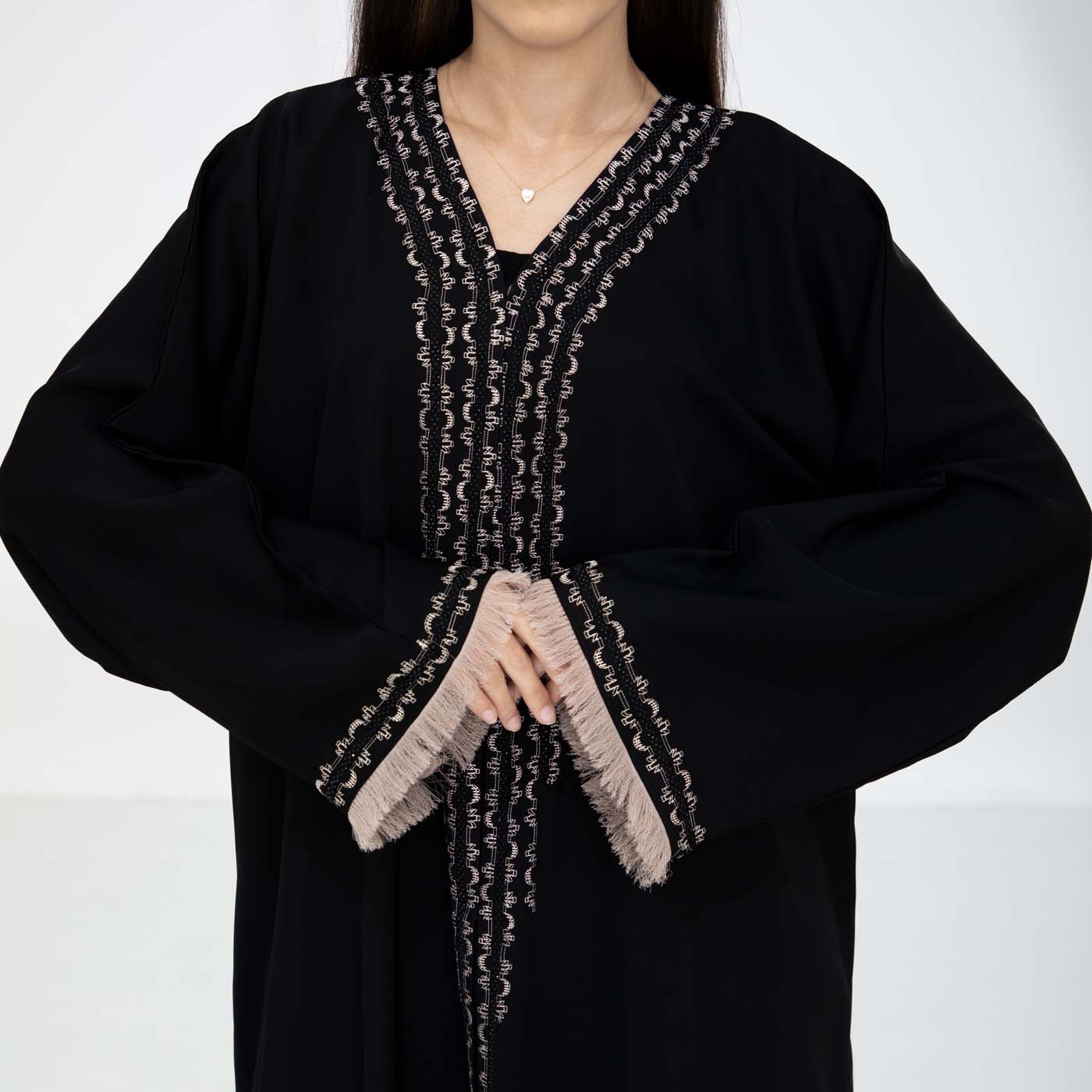 Msquare Fashion Black Contrast Thread Work Frayed Sleeves Nida Women's Abaya with Hijab-women-arabicclothing-abayas-image-2