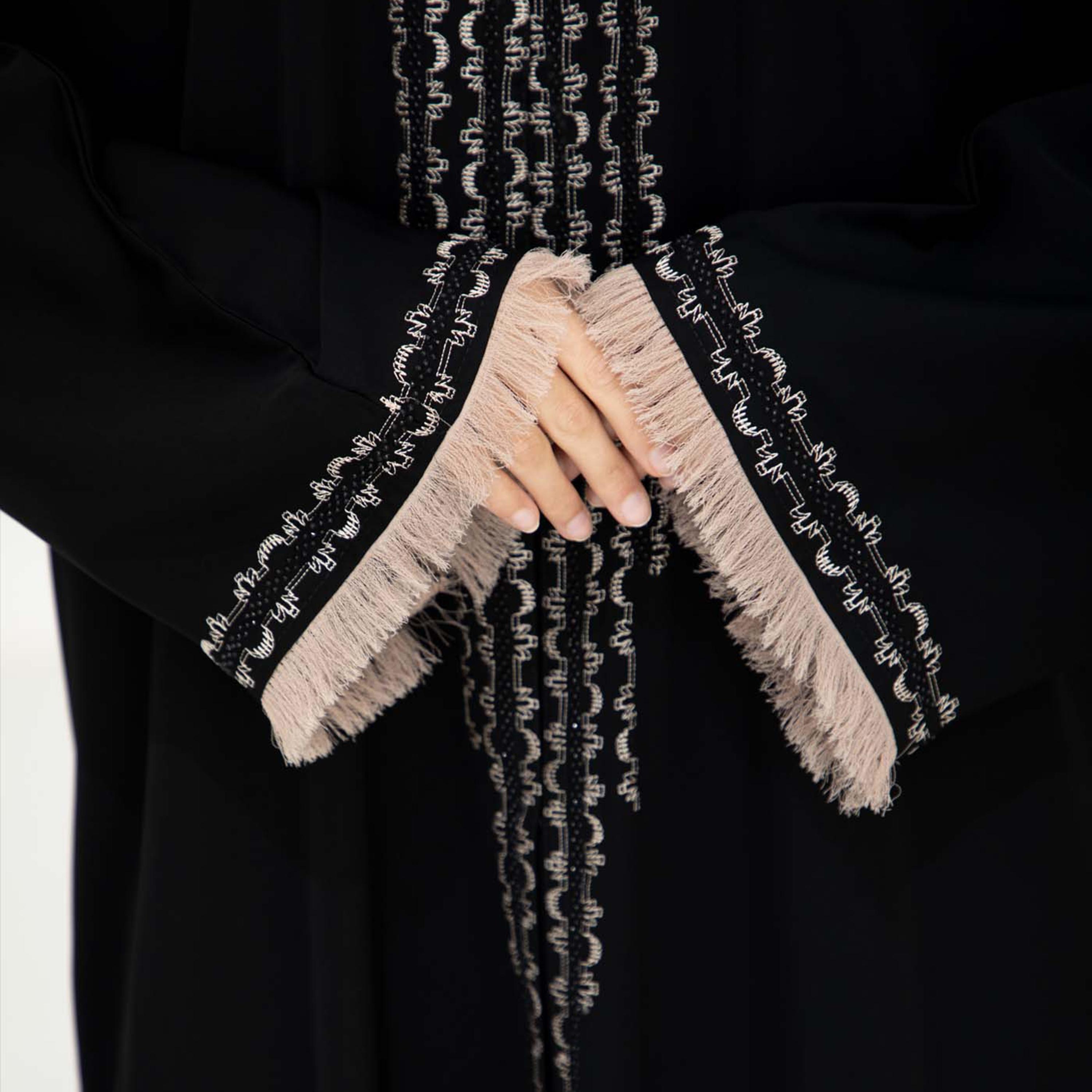 Msquare Fashion Black Contrast Thread Work Frayed Sleeves Nida Women's Abaya with Hijab-women-arabicclothing-abayas-image-3