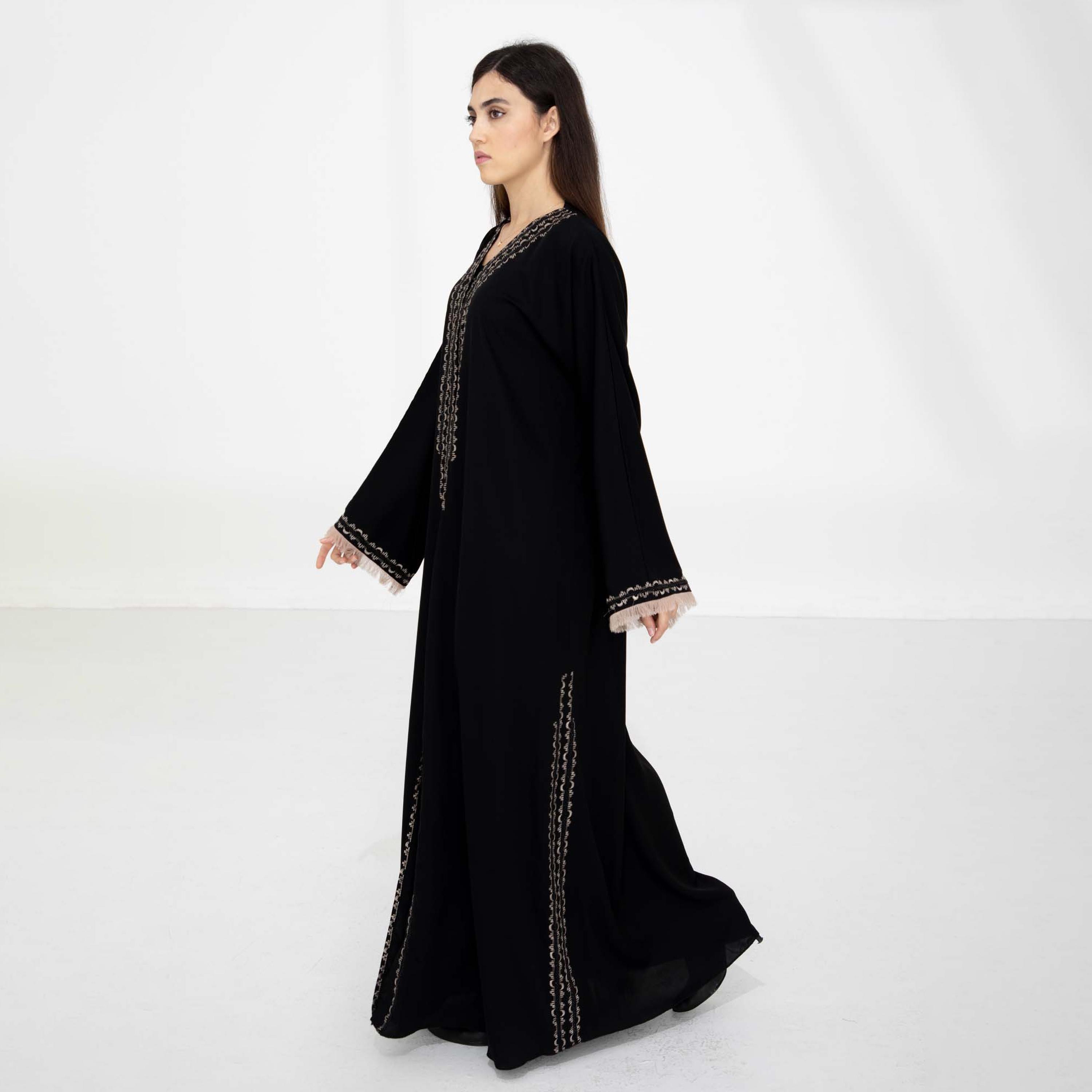 Msquare Fashion Black Contrast Thread Work Frayed Sleeves Nida Women's Abaya with Hijab-women-arabicclothing-abayas-image-4