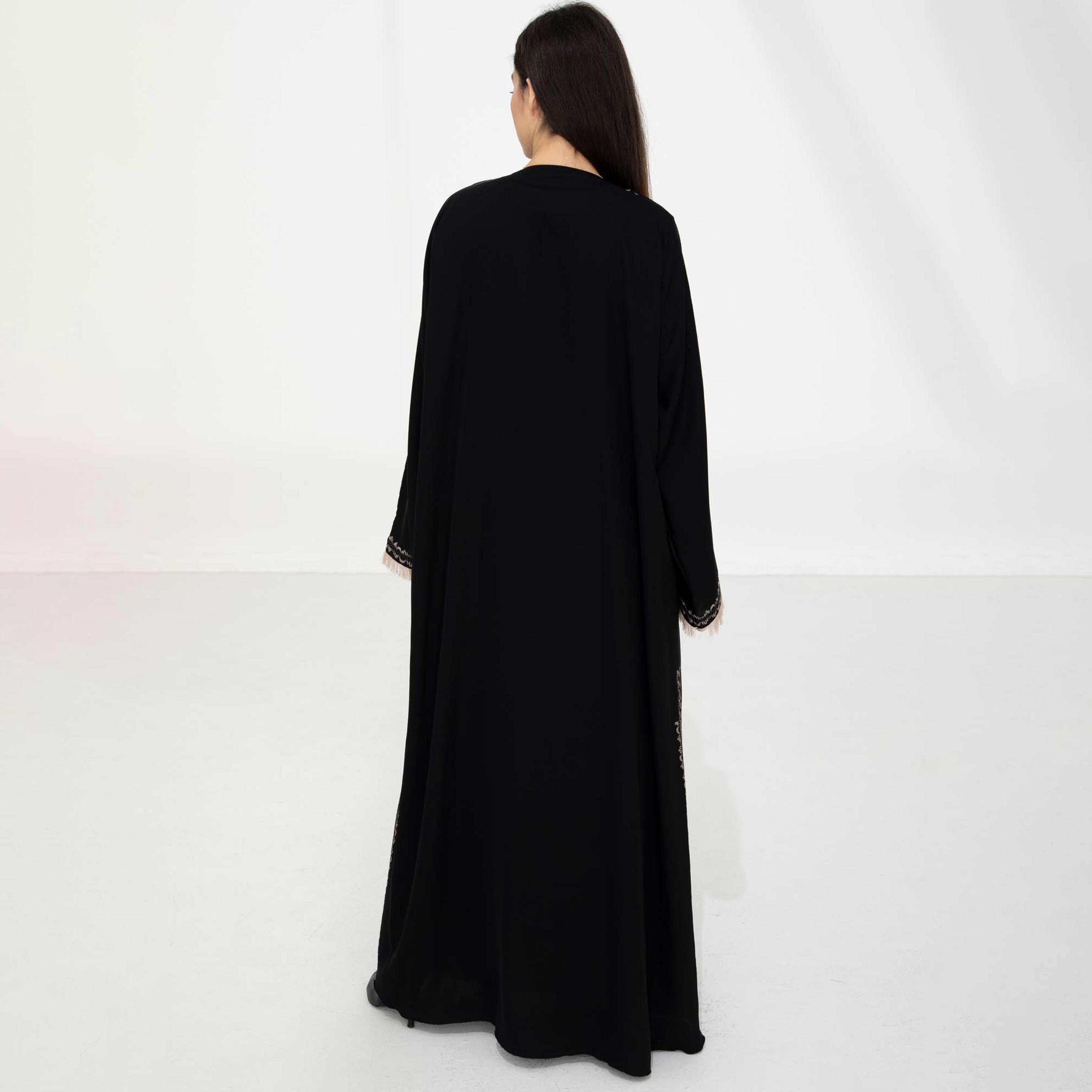 Msquare Fashion Black Contrast Thread Work Frayed Sleeves Nida Women's Abaya with Hijab-women-arabicclothing-abayas-image-5