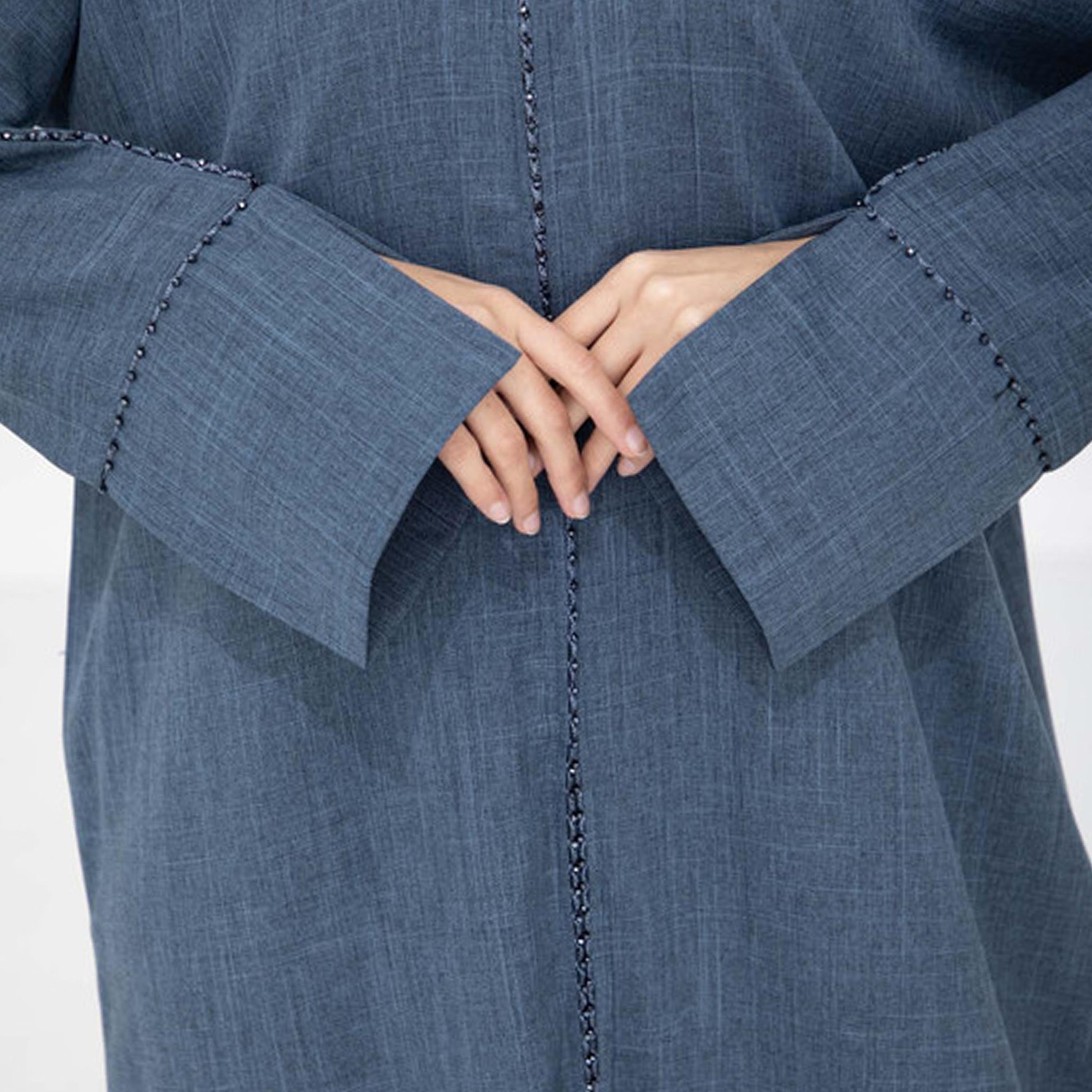 Msquare Fashion Blue Beaded Open Cuff Sleeves Melange Women's Abaya with Hijab-women-arabicclothing-abayas-image-2
