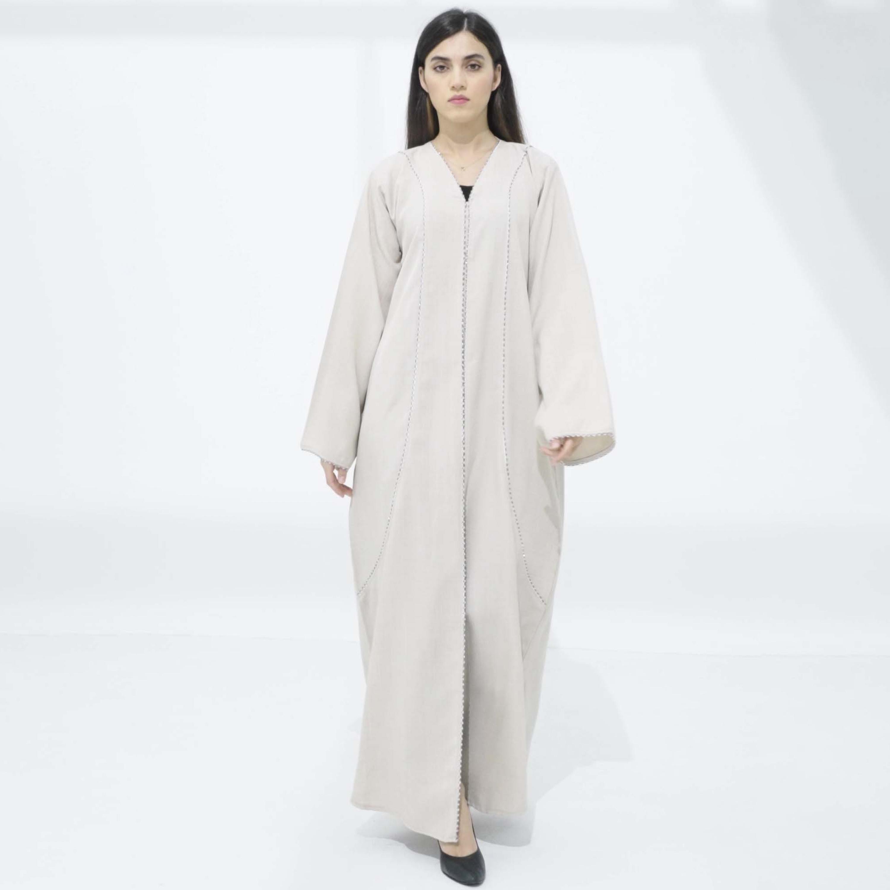 Msquare Fashion Beige Beaded Wide Sleeves Melange Women's Abaya with Hijab-women-arabicclothing-abayas-image-1