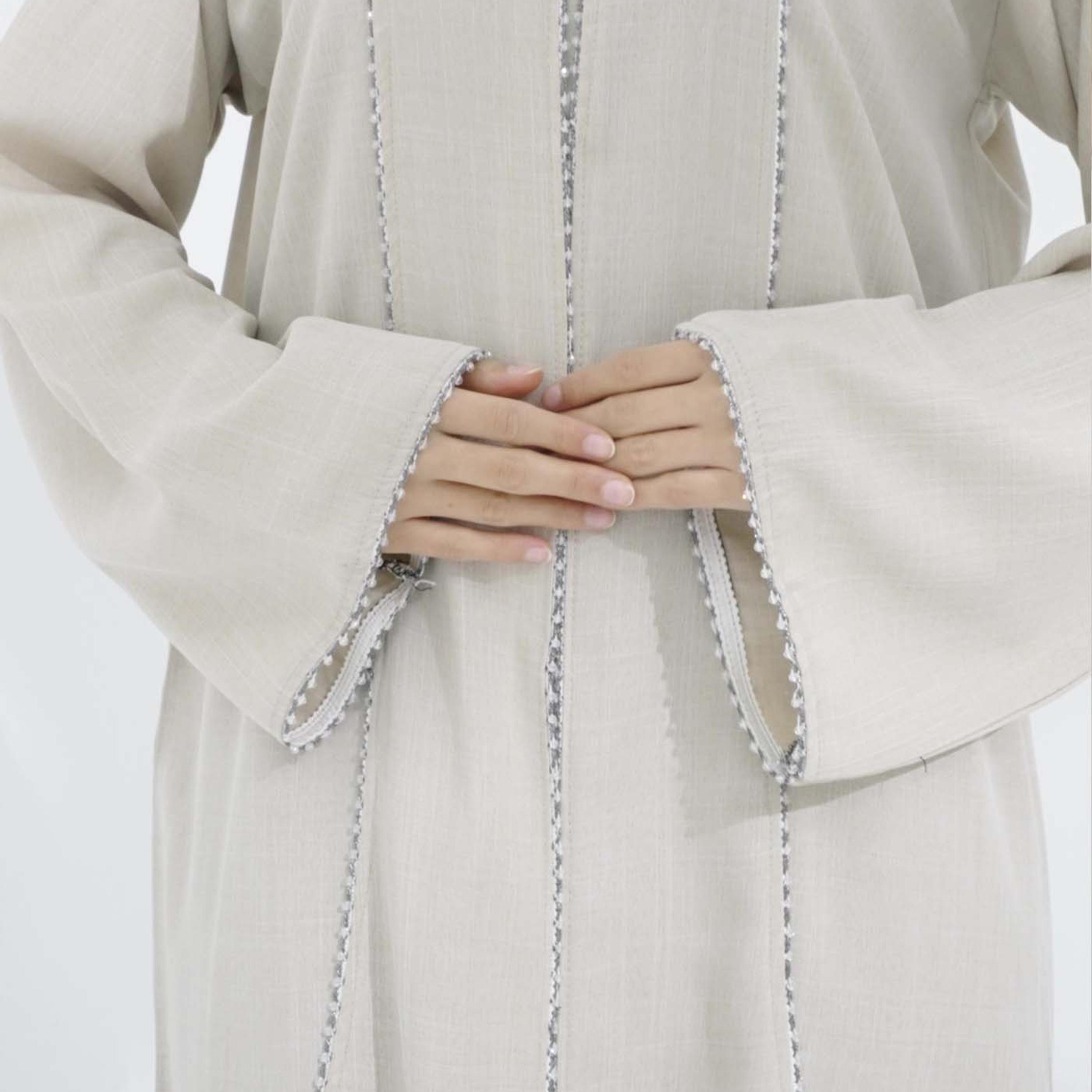 Msquare Fashion Beige Beaded Wide Sleeves Melange Women's Abaya with Hijab-women-arabicclothing-abayas-image-2