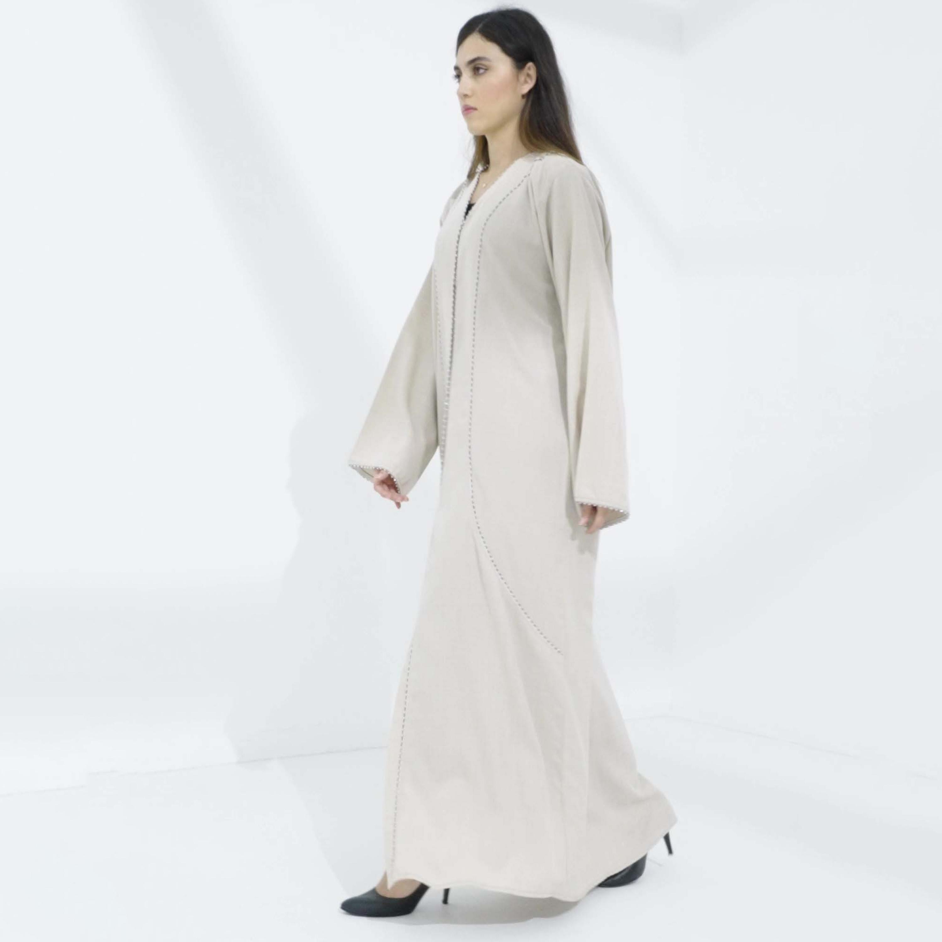 Msquare Fashion Beige Beaded Wide Sleeves Melange Women's Abaya with Hijab-women-arabicclothing-abayas-image-3