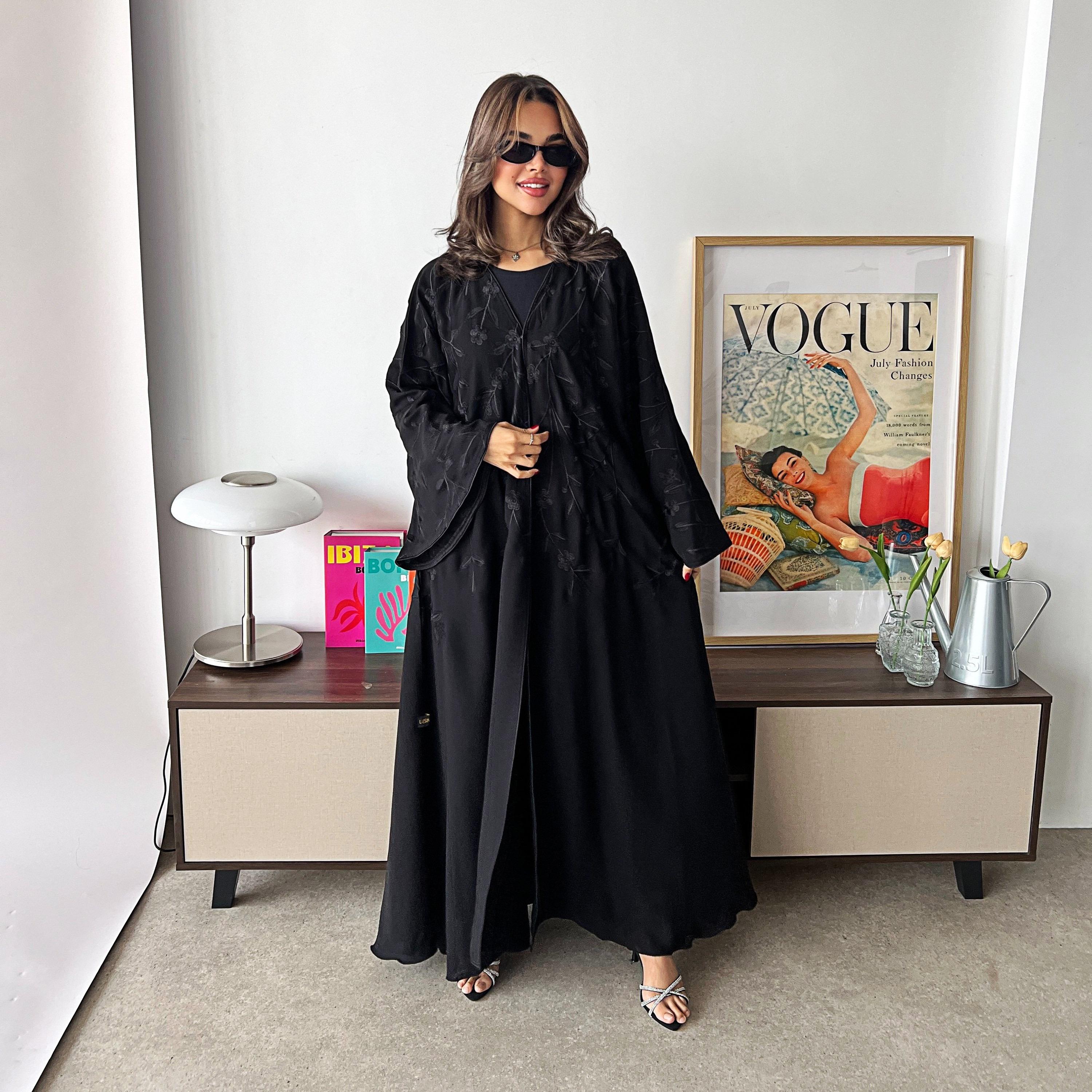 Lusin Abaya Black Flared Sleeves Floral Embroidered Crepe Women's Abaya with Hijab-women-arabicclothing-abayas-image-1