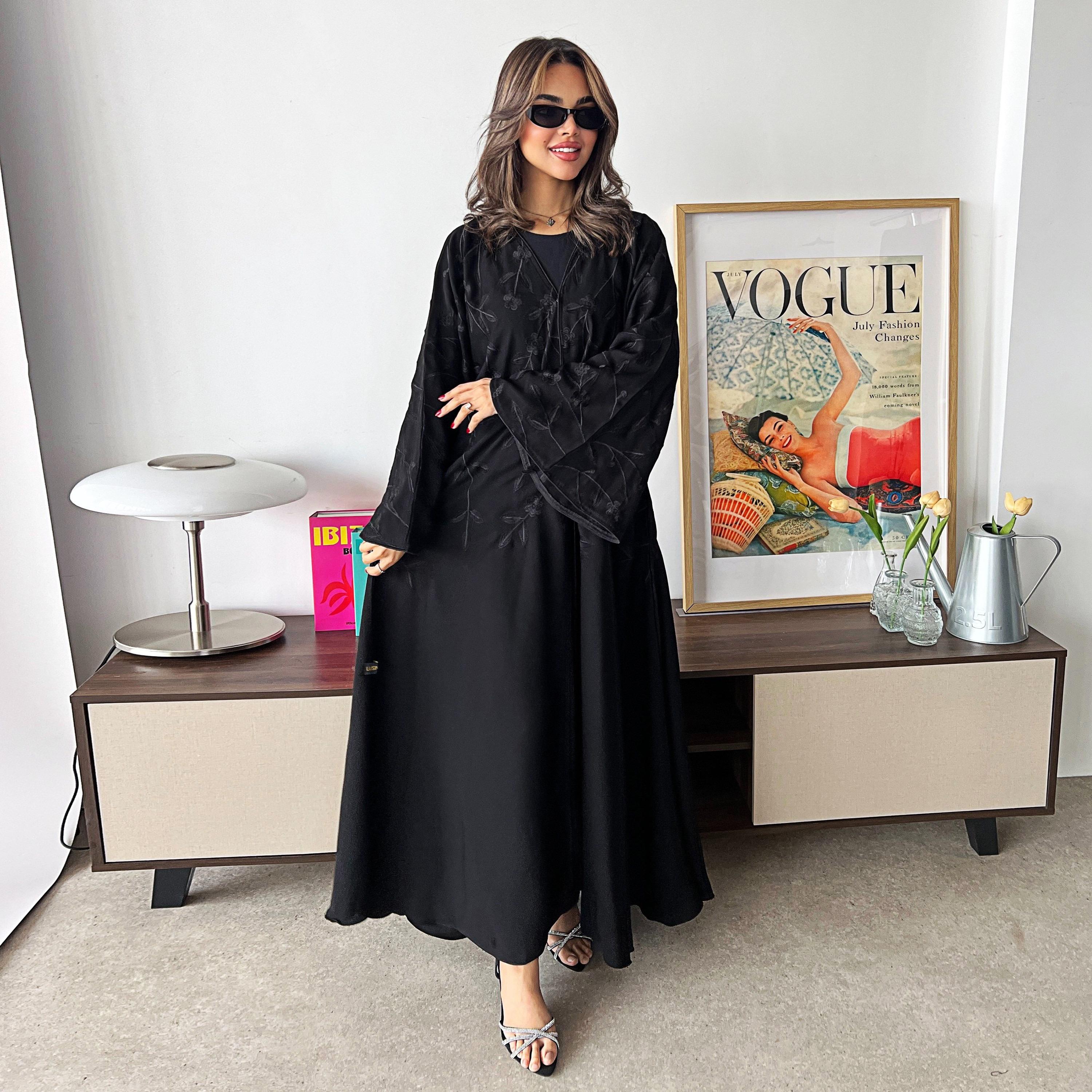 Lusin Abaya Black Flared Sleeves Floral Embroidered Crepe Women's Abaya with Hijab-women-arabicclothing-abayas-image-6
