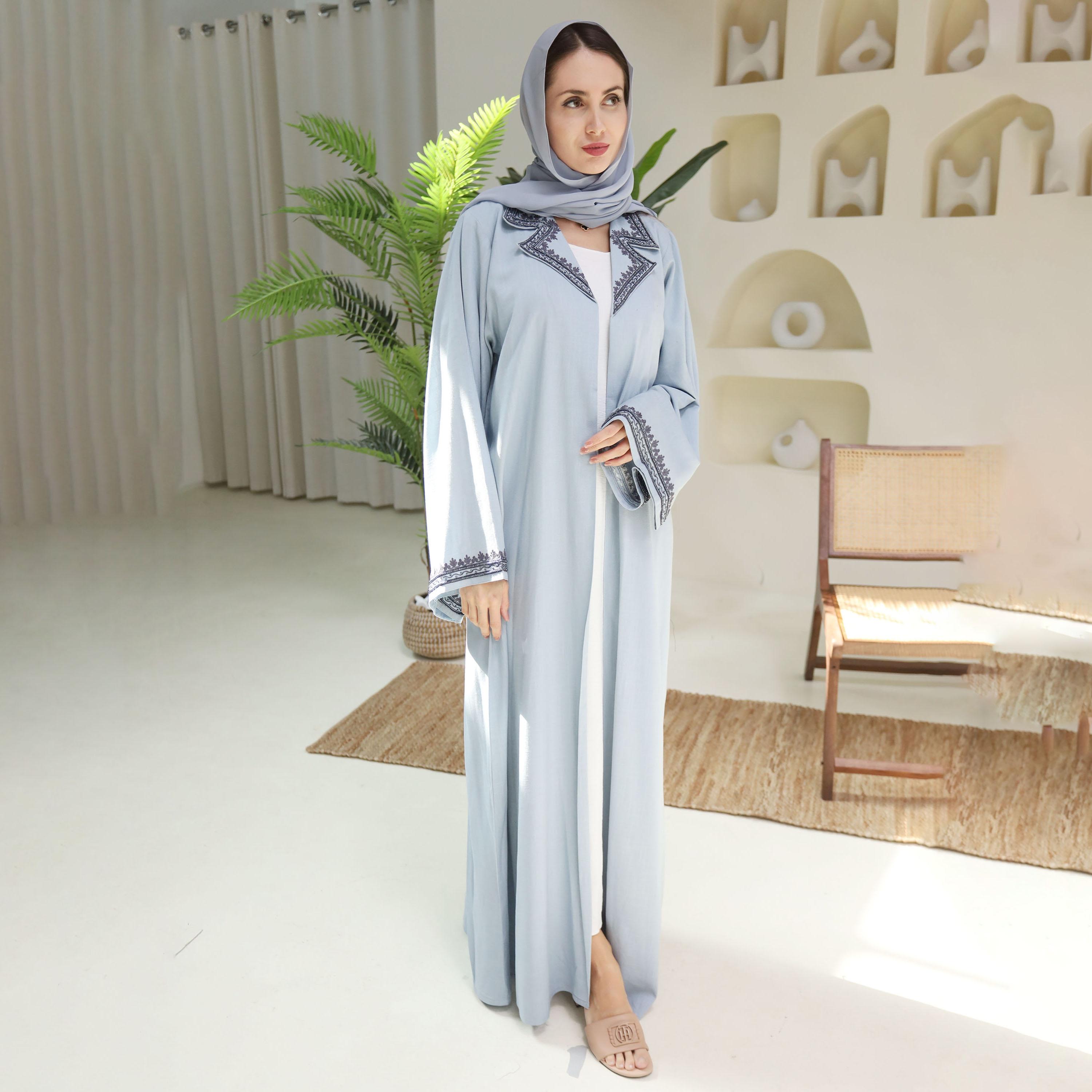 Nukhbaa Blue Embroidered and Beaded Lapel Collared Flared Sleeves Crepe Women's Abaya with Hijab-women-arabicclothing-abayas-image-1