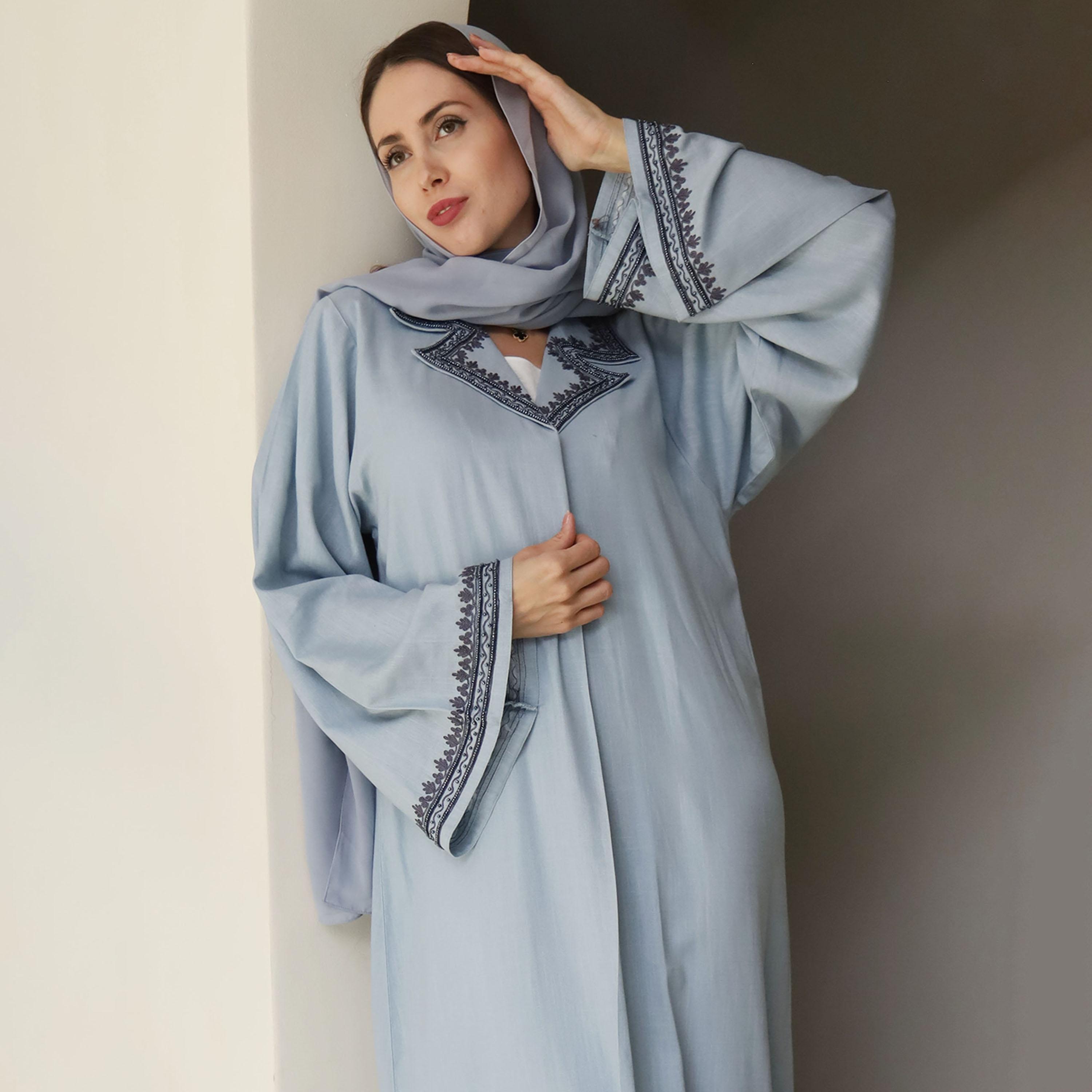 Nukhbaa Blue Embroidered and Beaded Lapel Collared Flared Sleeves Crepe Women's Abaya with Hijab-women-arabicclothing-abayas-image-2