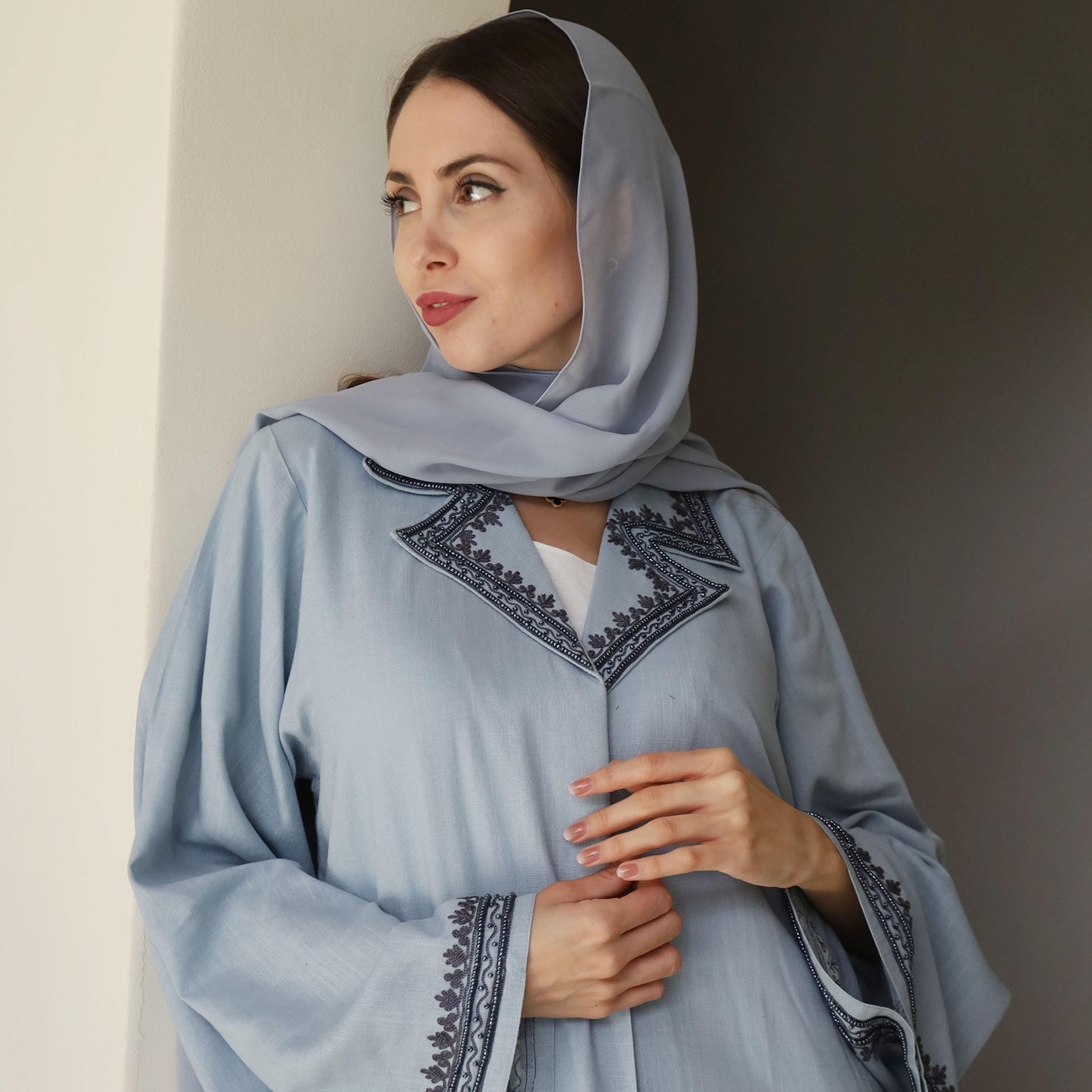 Nukhbaa Blue Embroidered and Beaded Lapel Collared Flared Sleeves Crepe Women's Abaya with Hijab-women-arabicclothing-abayas-image-3