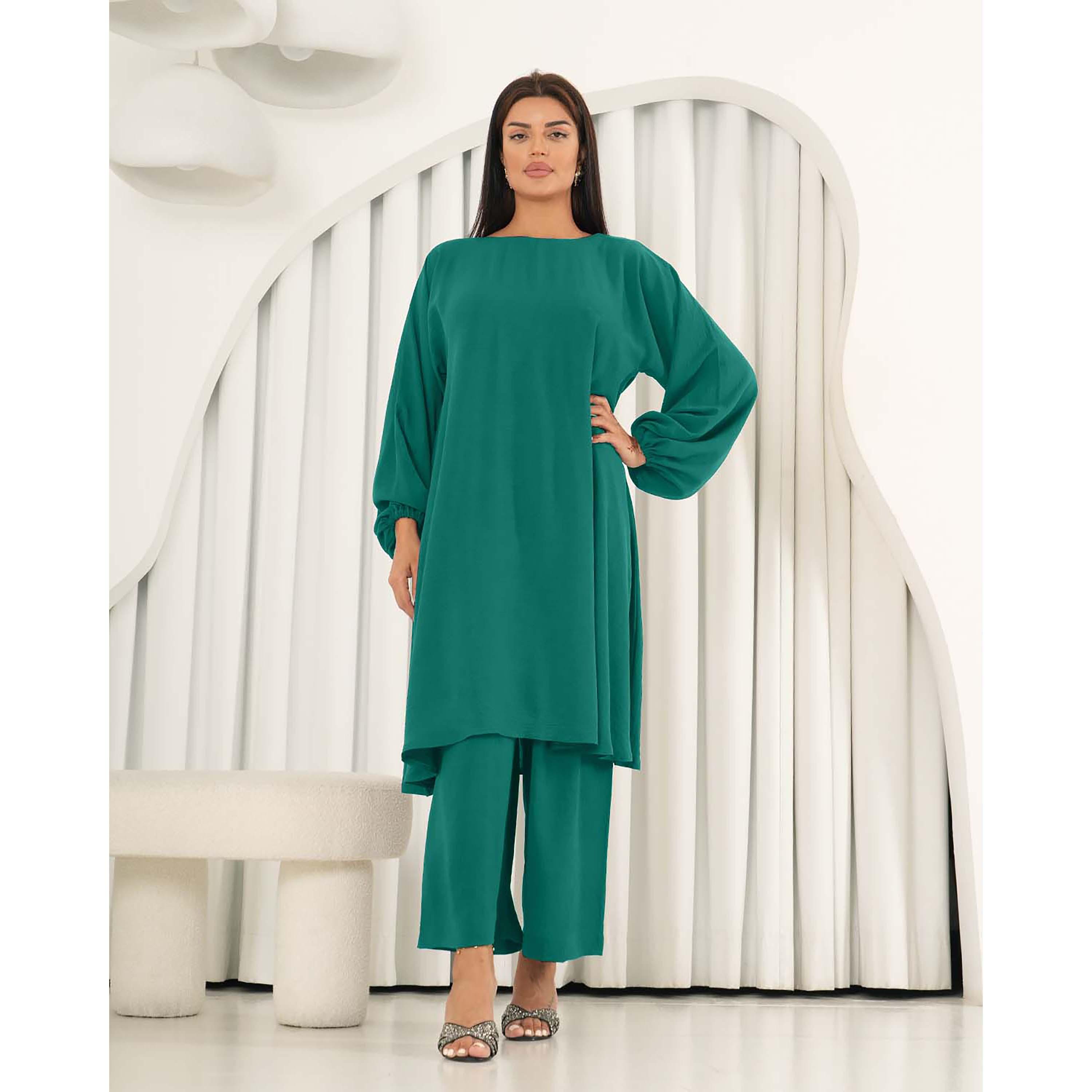 Nukhbaa 2-Piece Balloon Sleeves Boat Neck Crepe Nida Women's Co-Ord Sets-women-arabicclothing-abayainner-image-1
