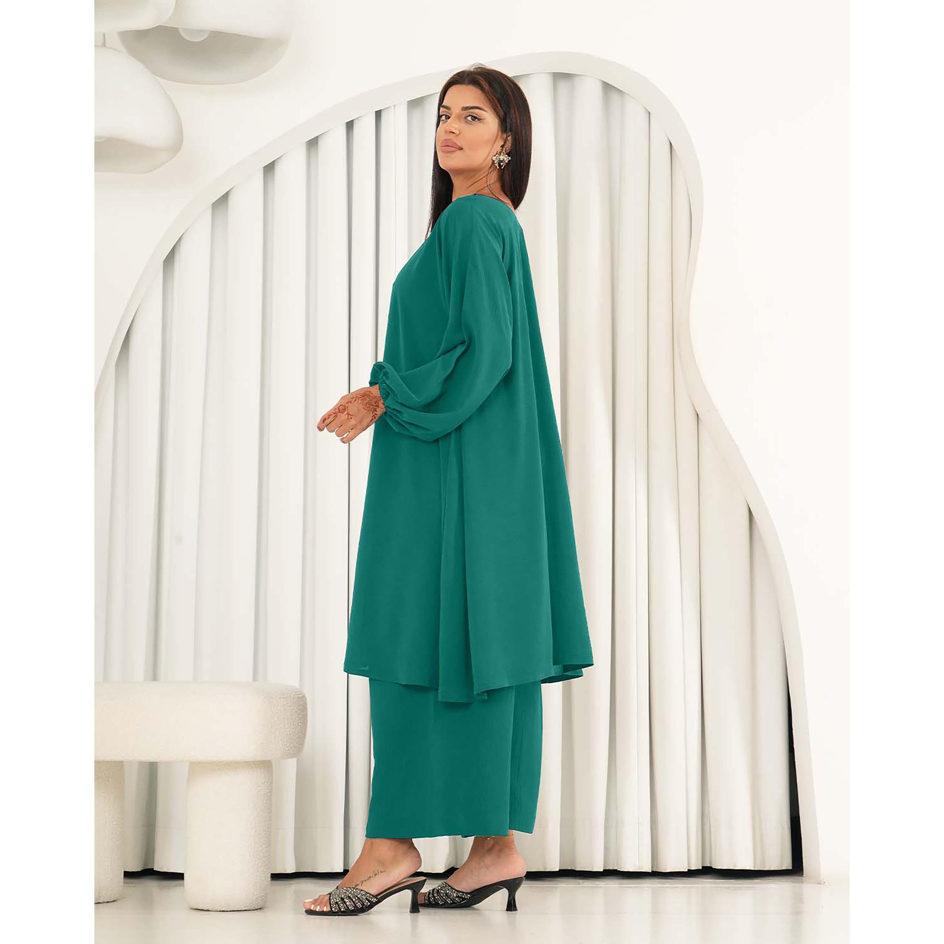 Nukhbaa 2-Piece Balloon Sleeves Boat Neck Crepe Nida Women's Co-Ord Sets-women-arabicclothing-abayainner-image-3