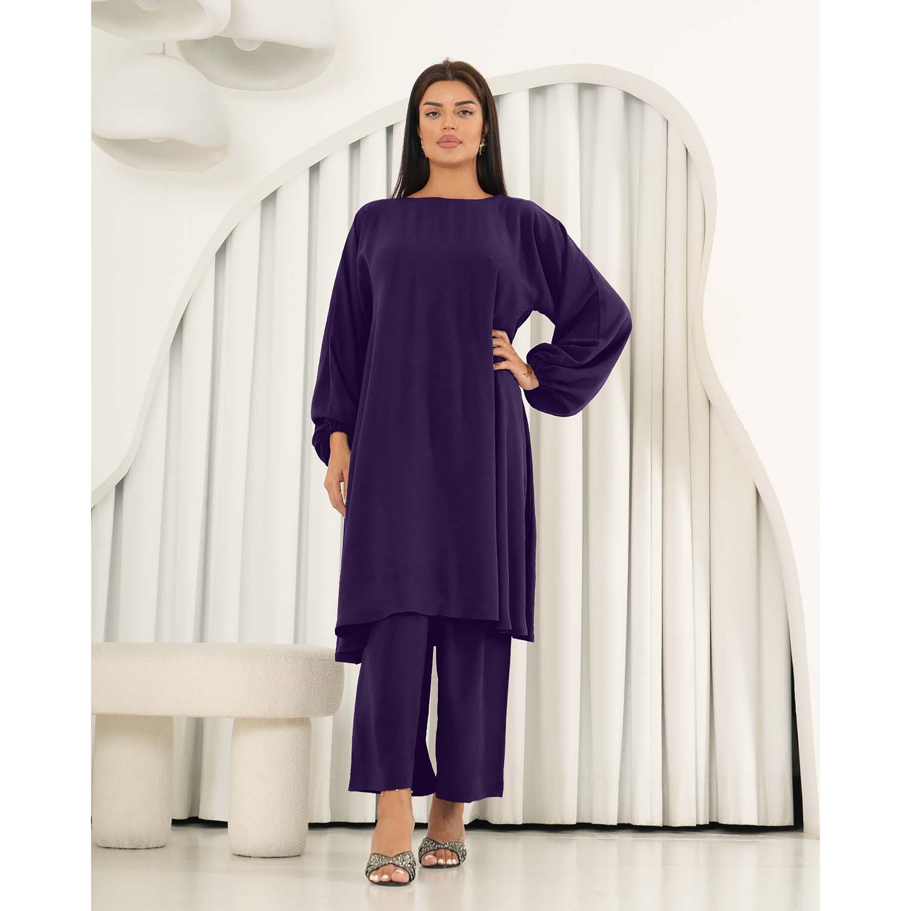 Nukhbaa 2-Piece Balloon Sleeves Boat Neck Crepe Nida Women's Co-Ord Sets-women-arabicclothing-abayainner-image-1