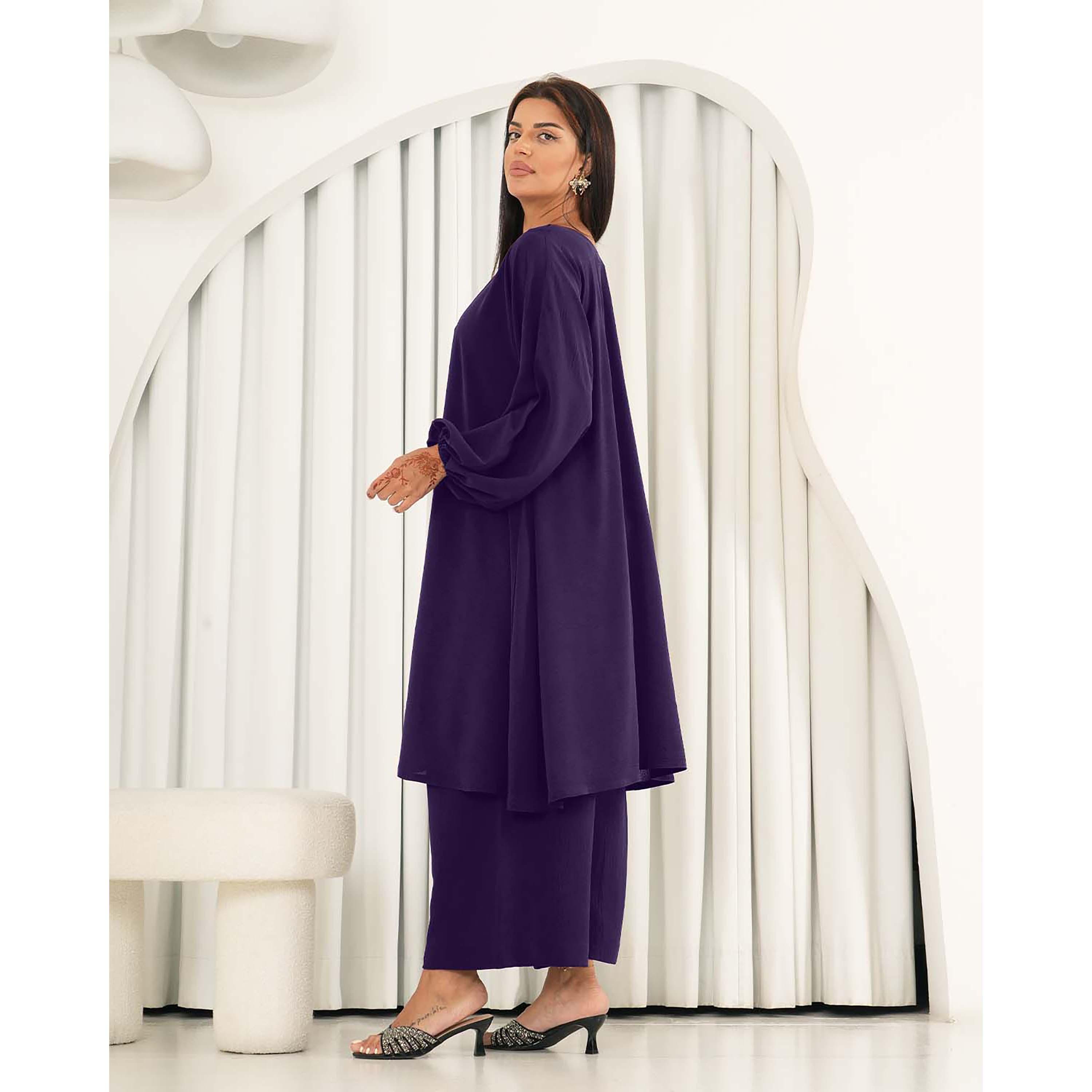 Nukhbaa 2-Piece Balloon Sleeves Boat Neck Crepe Nida Women's Co-Ord Sets-women-arabicclothing-abayainner-image-3