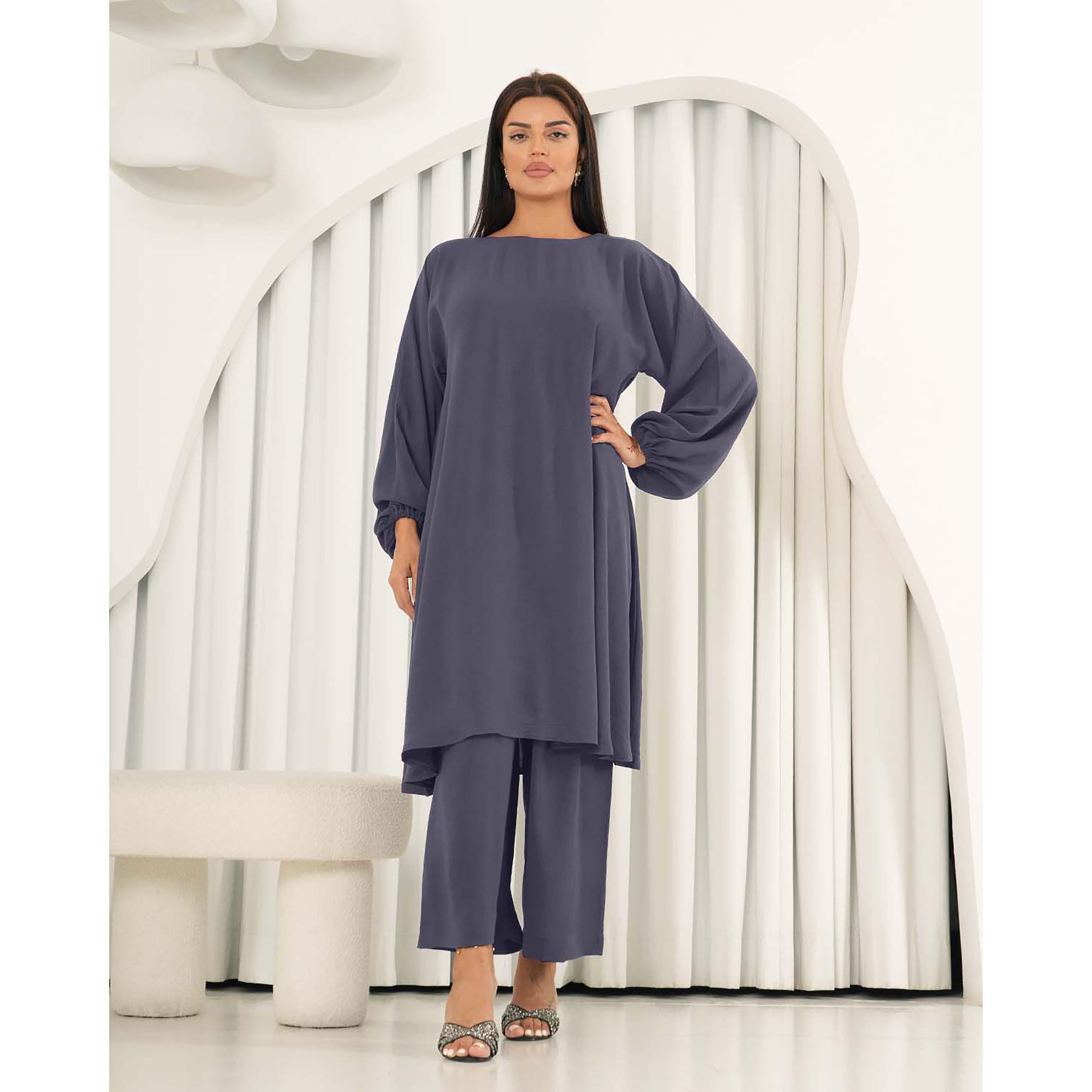 Nukhbaa 2-Piece Balloon Sleeves Boat Neck Crepe Nida Women's Co-Ord Sets-women-arabicclothing-abayainner-image-1