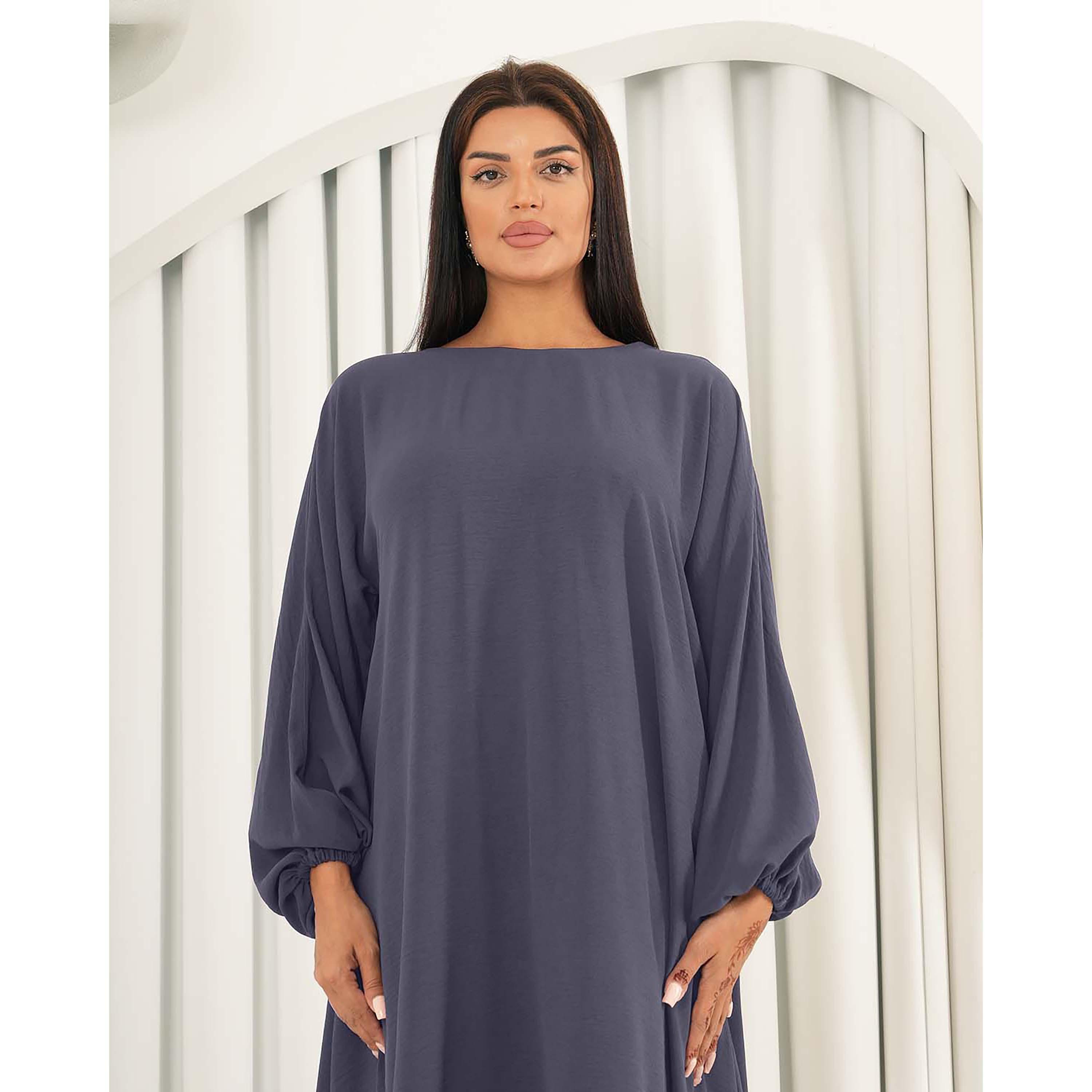 Nukhbaa 2-Piece Balloon Sleeves Boat Neck Crepe Nida Women's Co-Ord Sets-women-arabicclothing-abayainner-image-2