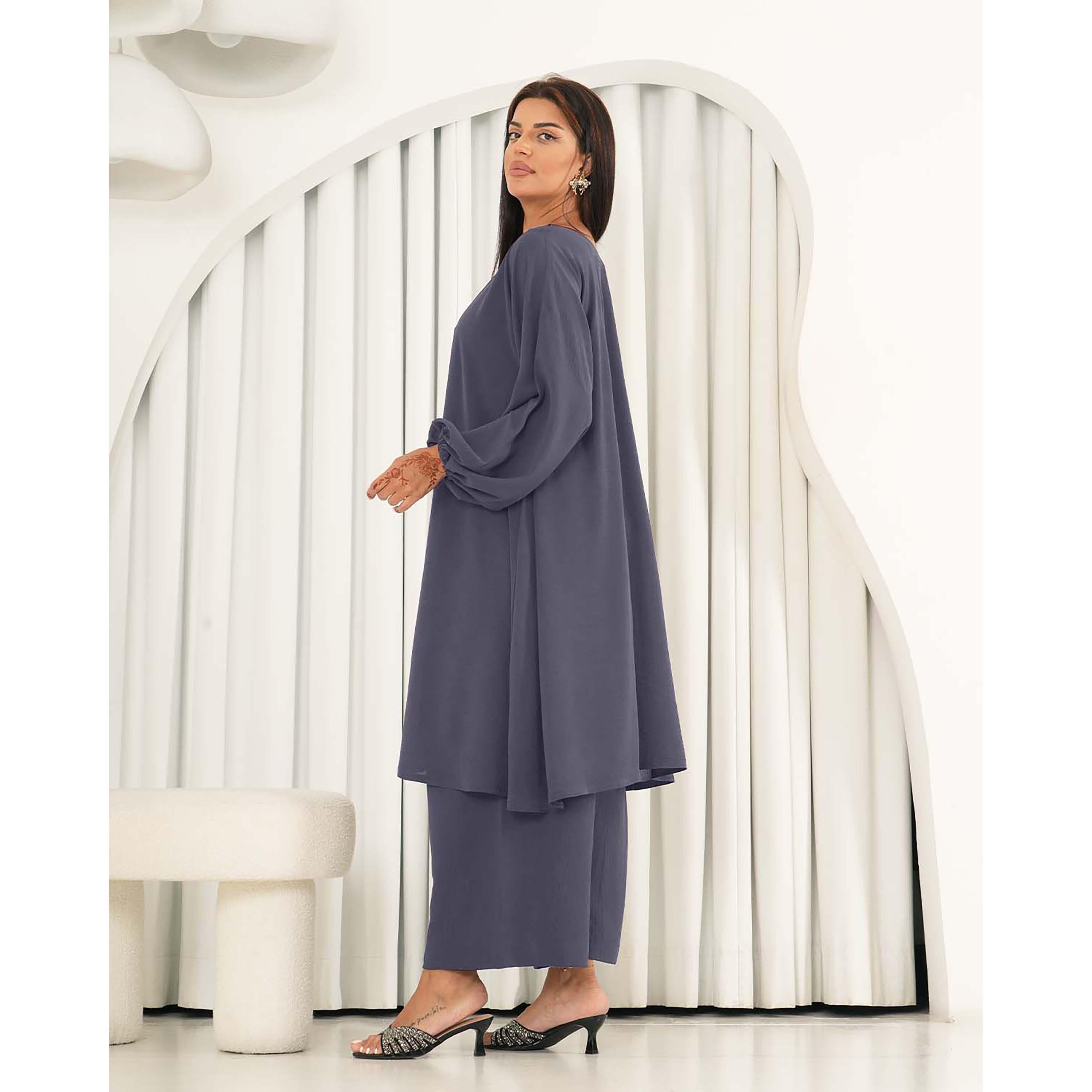 Nukhbaa 2-Piece Balloon Sleeves Boat Neck Crepe Nida Women's Co-Ord Sets-women-arabicclothing-abayainner-image-3