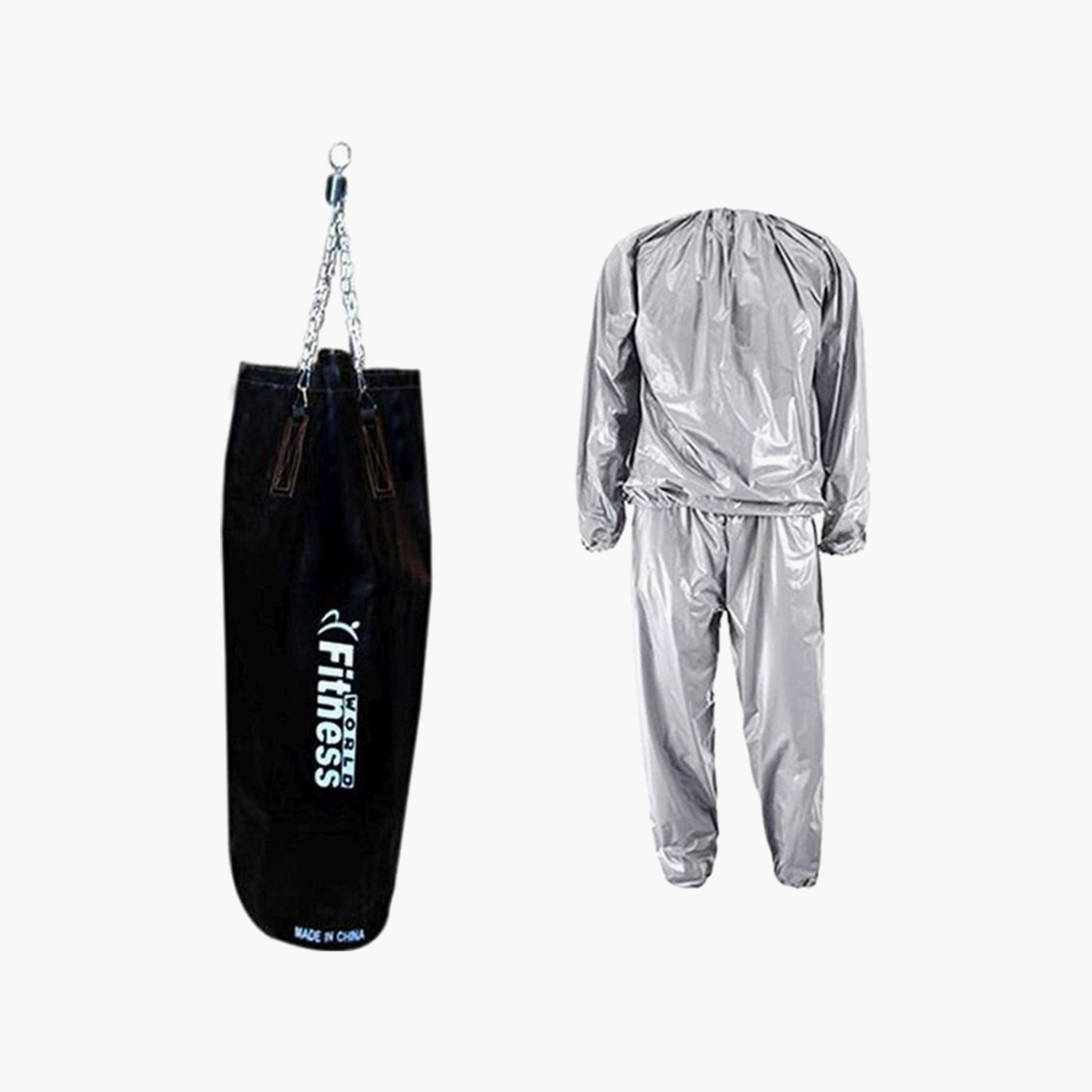 Boxing Empty Punch Bag With Sauna Suit - Silver and Black-sports-gear-gym-image-2