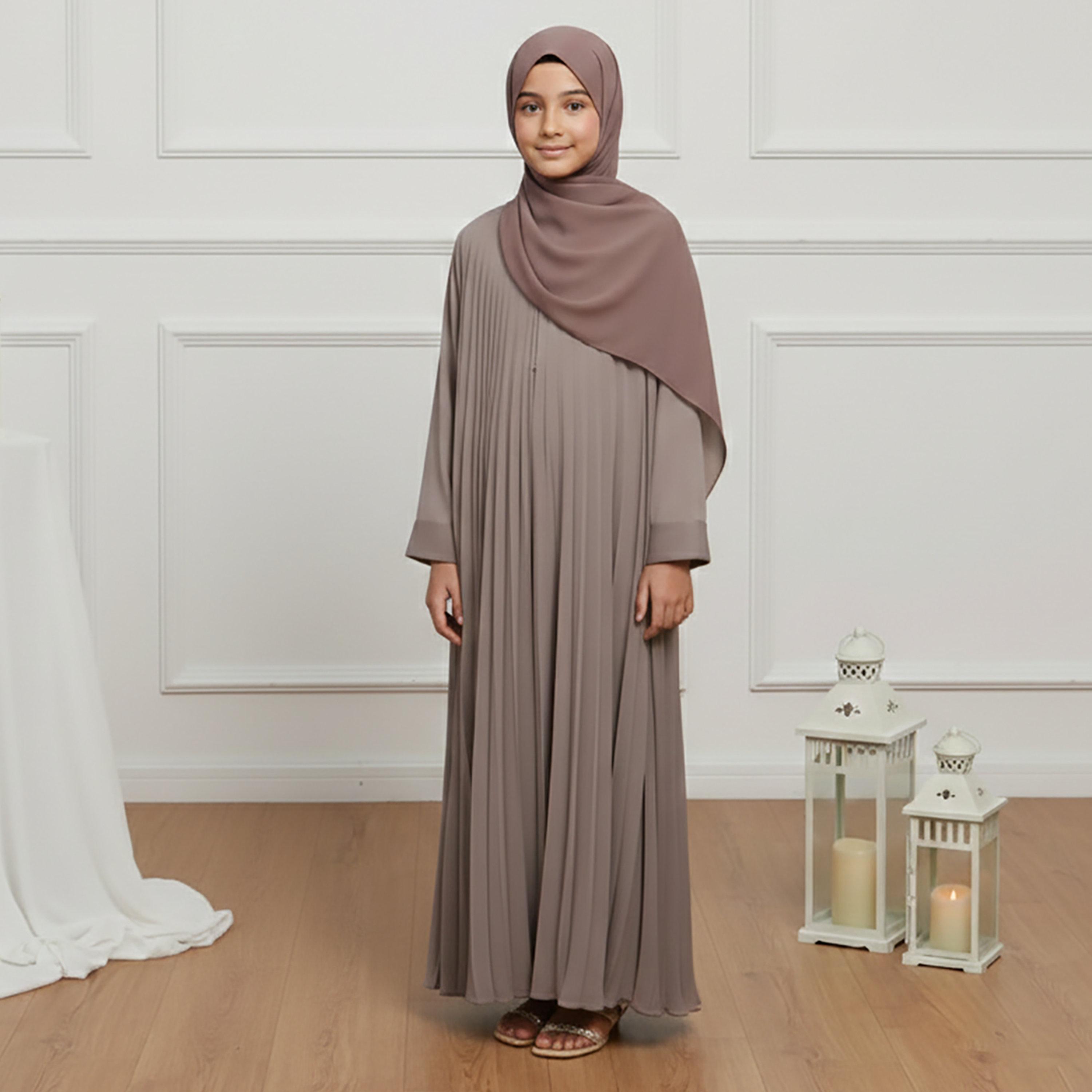 Nukhbaa Brown Pleated Nida Girls Flared Style Abaya with Hijab-girls-arabicclothing-abayas-image-1