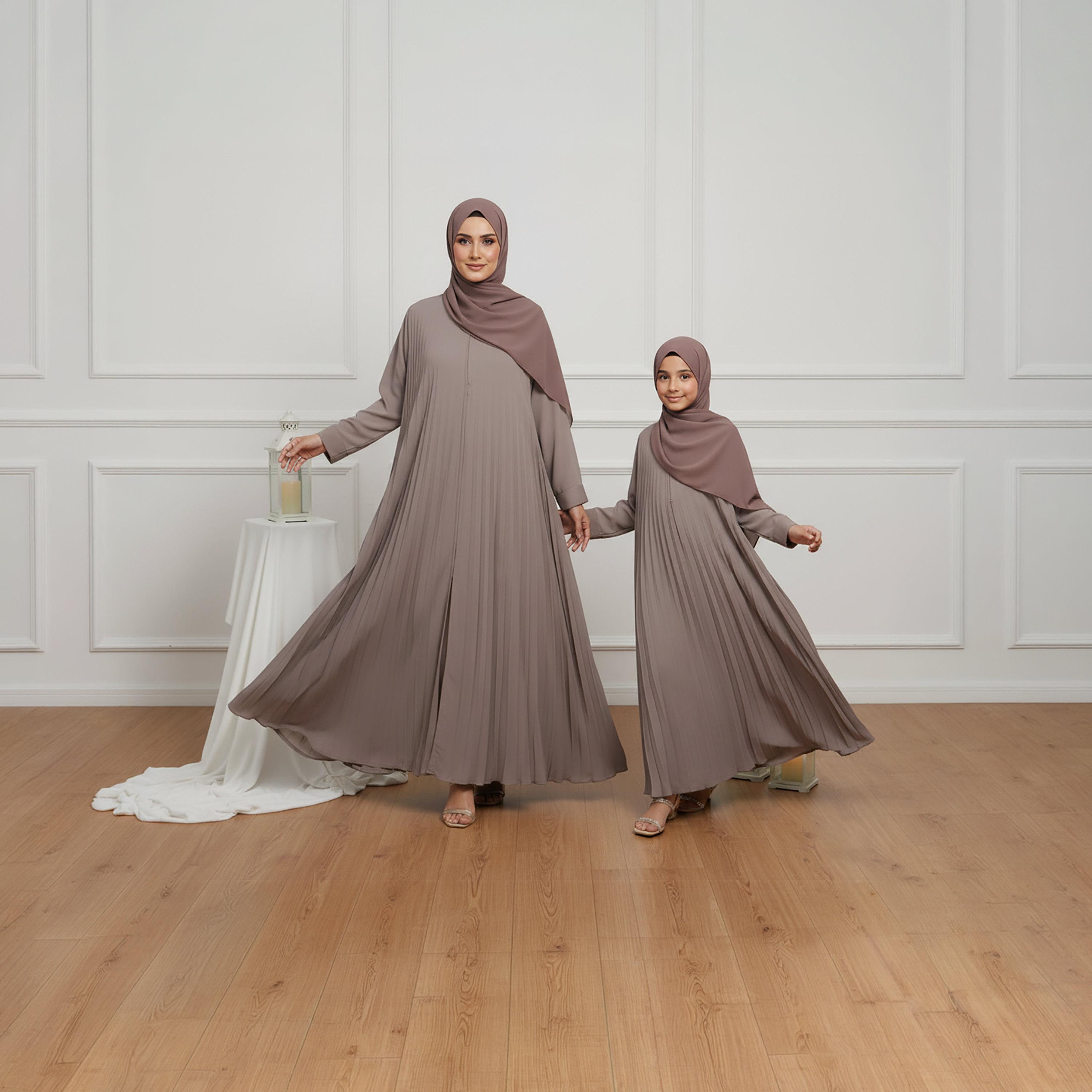 Nukhbaa Brown Pleated Nida Girls Flared Style Abaya with Hijab-girls-arabicclothing-abayas-image-3