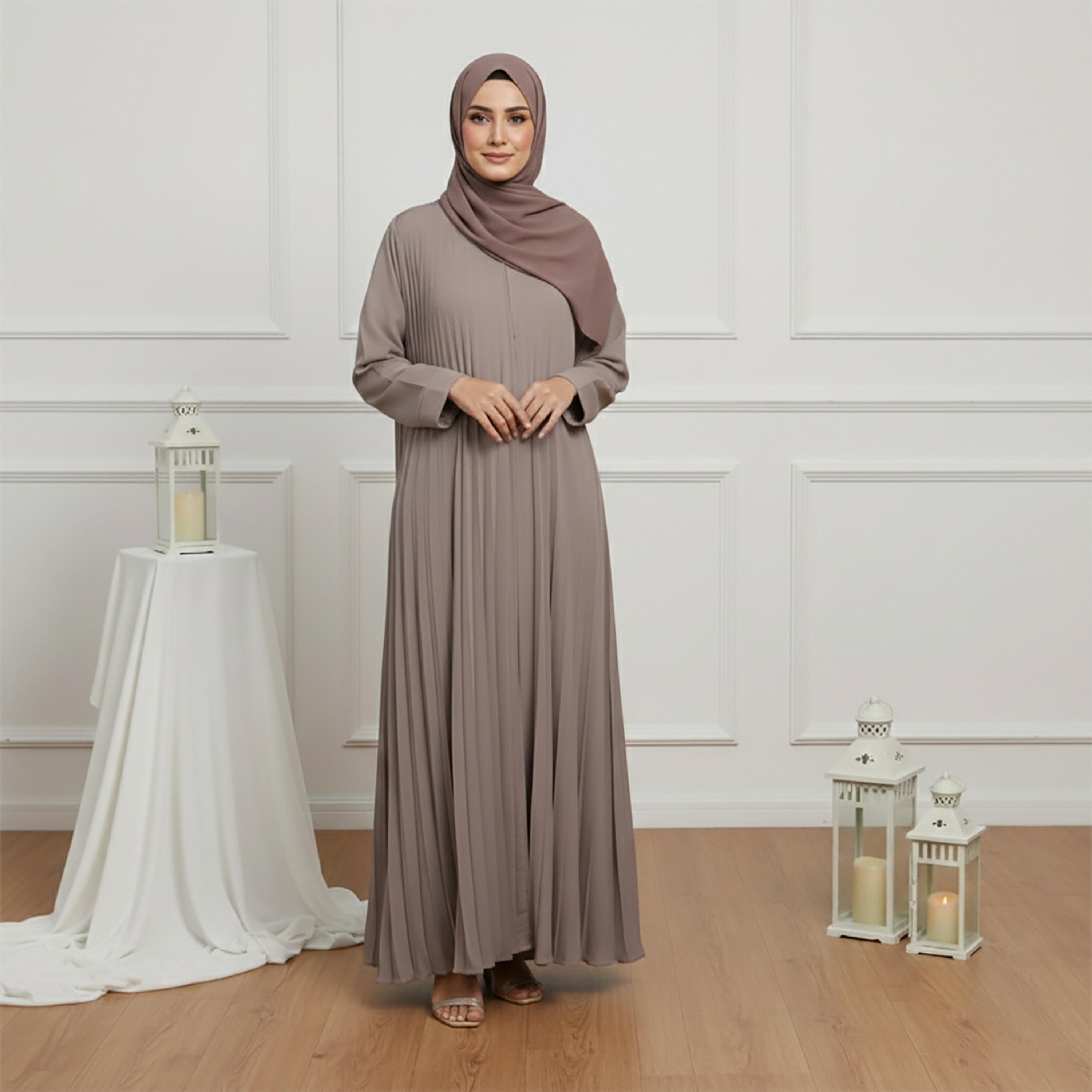 عباية نسائية "فليرد ستايل" قماش "ندى" بكسرات "بلاتيد" مع حجاب - بني من نخبة-women-arabicclothing-abayas-image-1