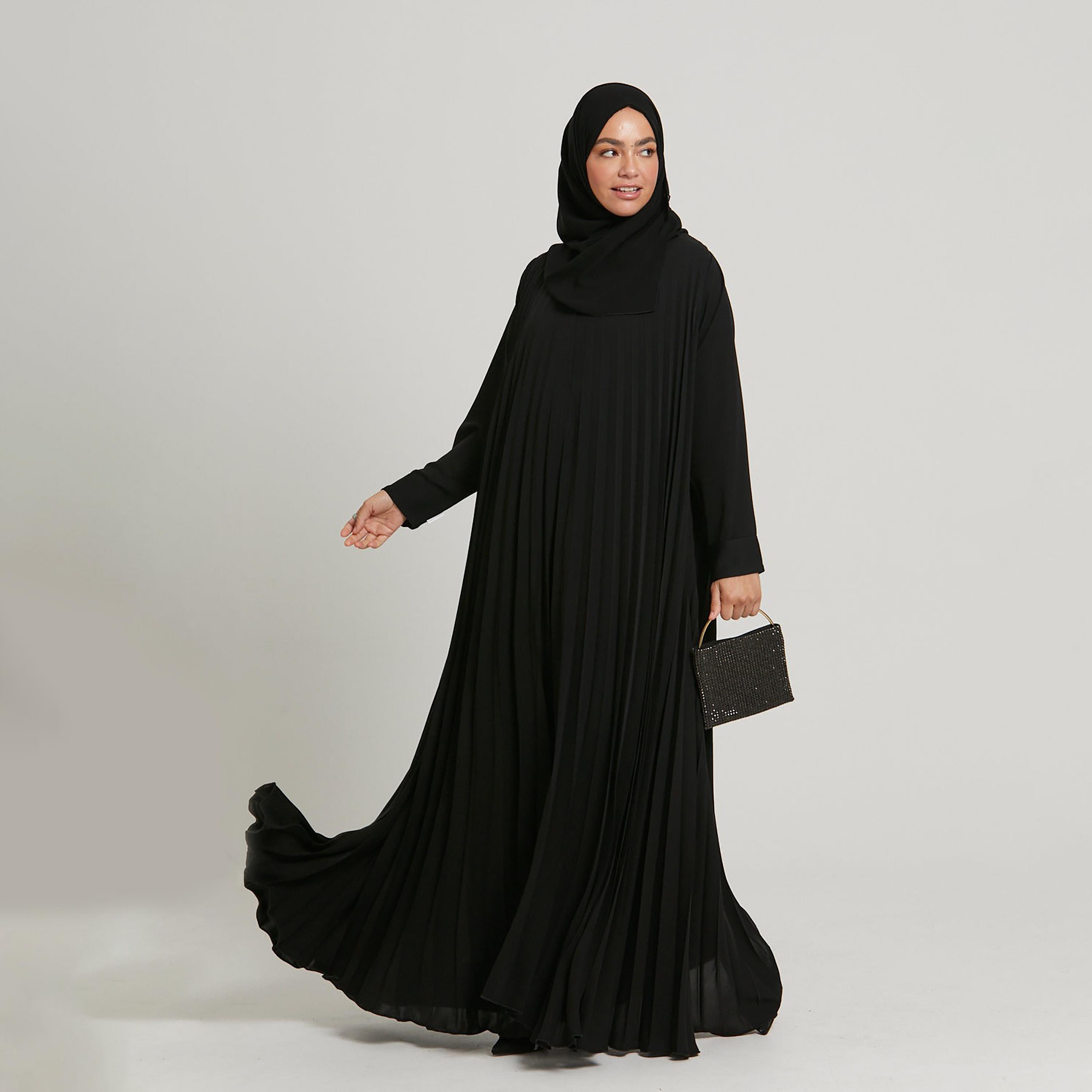 عباية نسائية مطوية بأكمام كفة مع حجاب من نخبه باللون الاسود-women-arabicclothing-abayas-image-3