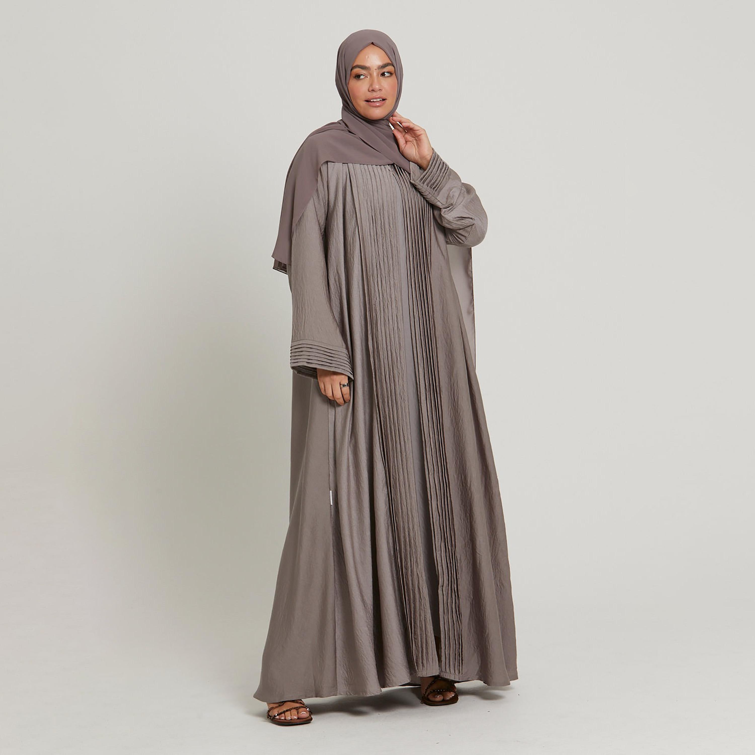 Nukhbaa Brown Pleated Women's Abaya with Hijab-women-arabicclothing-abayas-image-1