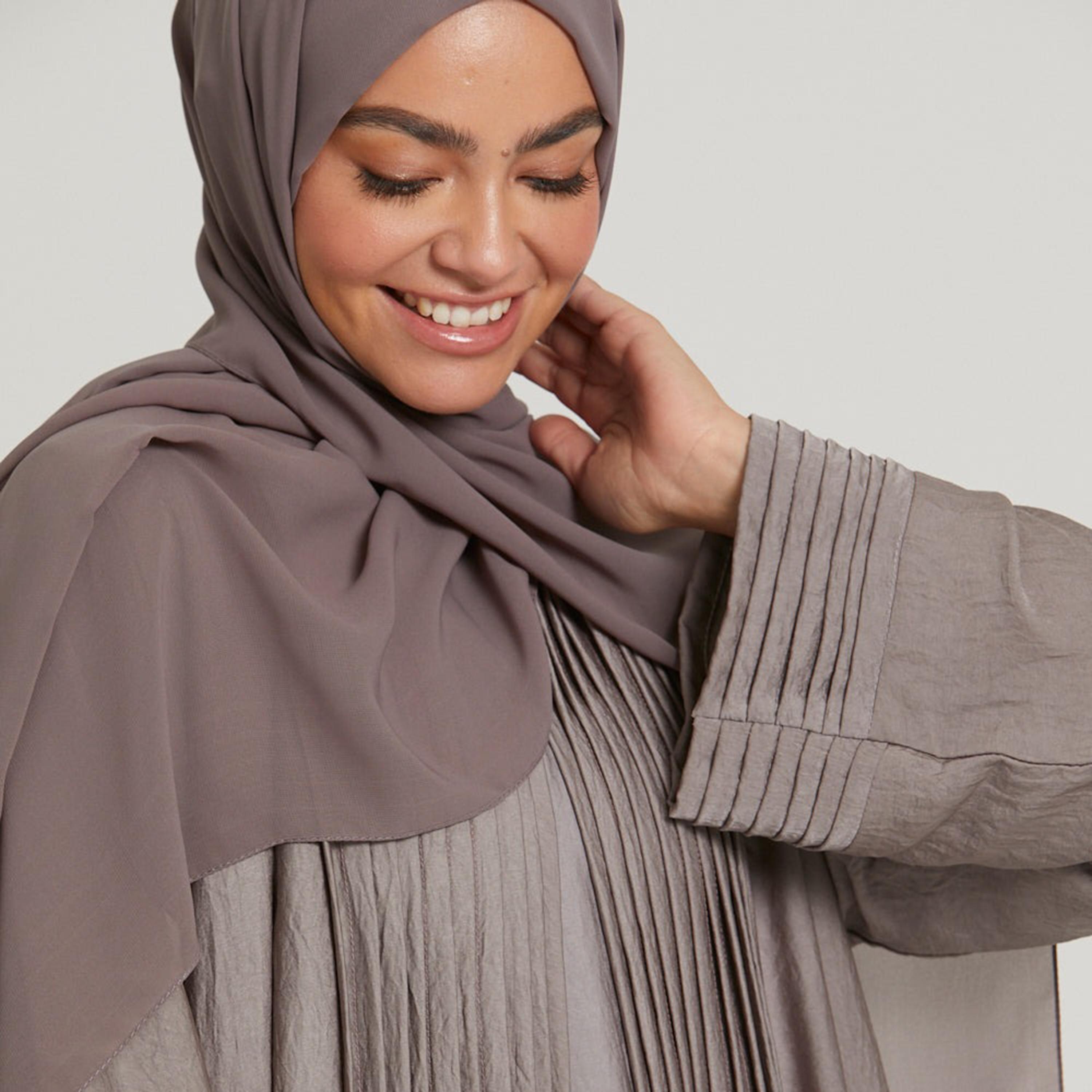 Nukhbaa Brown Pleated Women's Abaya with Hijab-women-arabicclothing-abayas-image-2