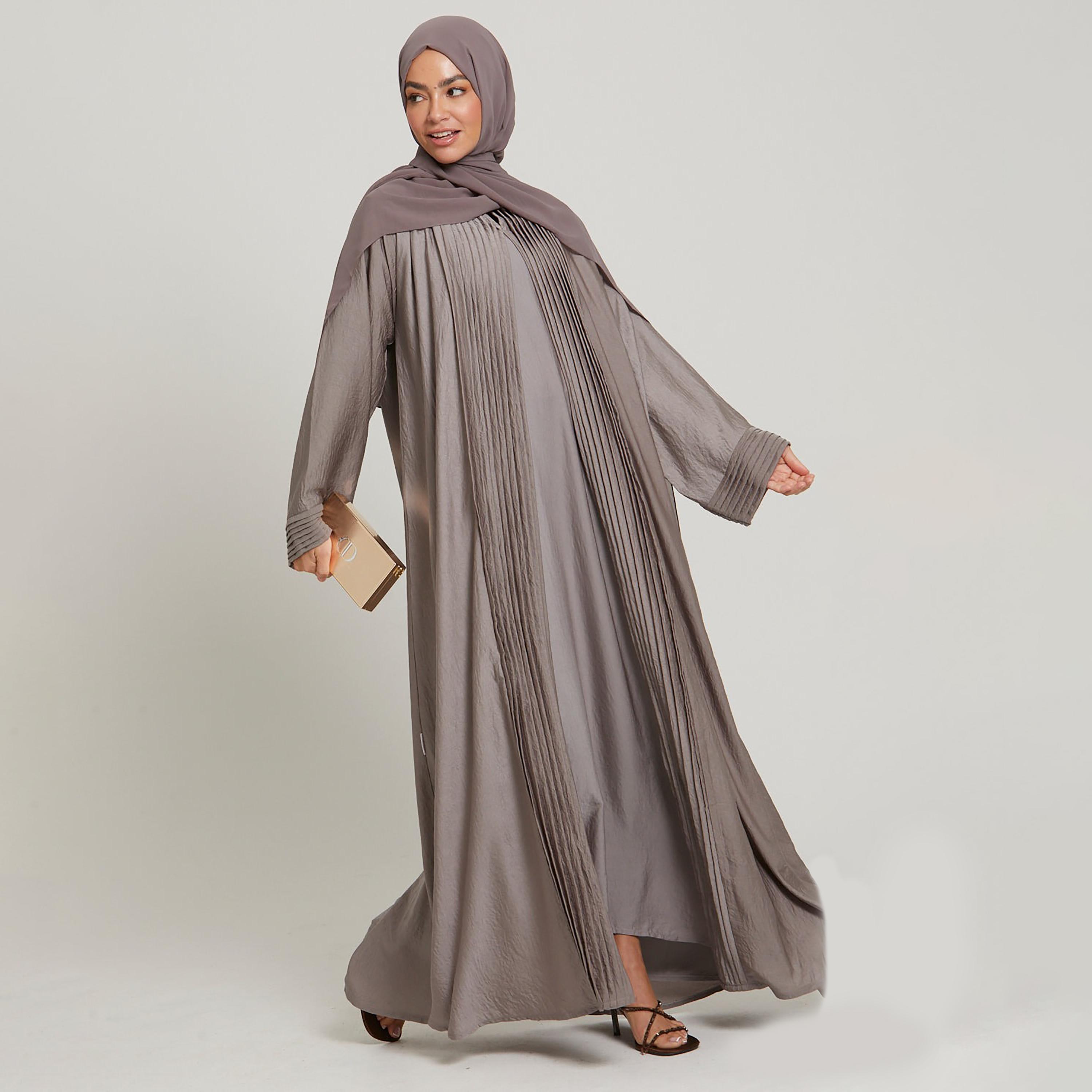 Nukhbaa Brown Pleated Women's Abaya with Hijab-women-arabicclothing-abayas-image-3