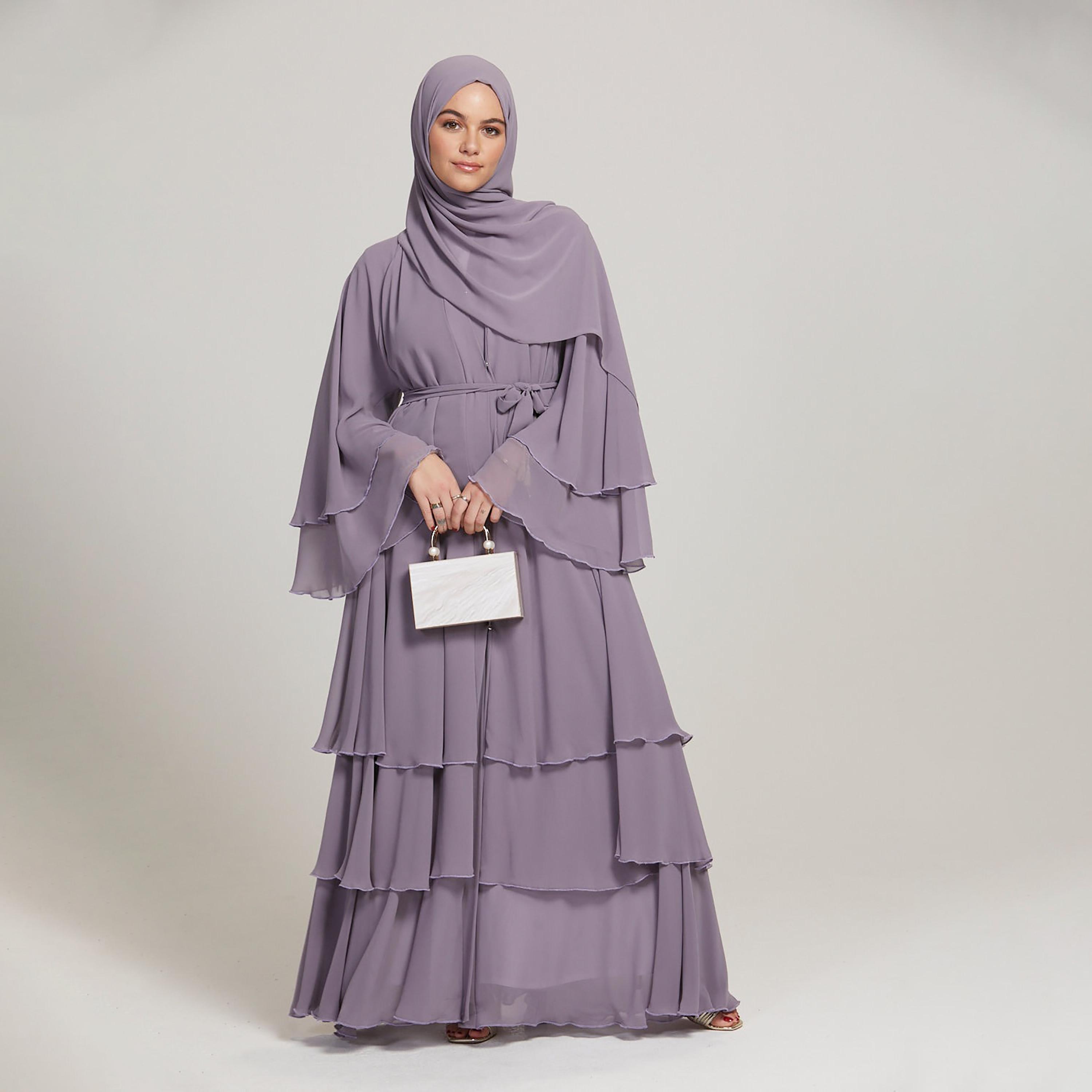 عباية نسائية أرجوانية بأكمام واسعة ذات طبقات مع حجاب من نخبه-women-arabicclothing-abayas-image-1