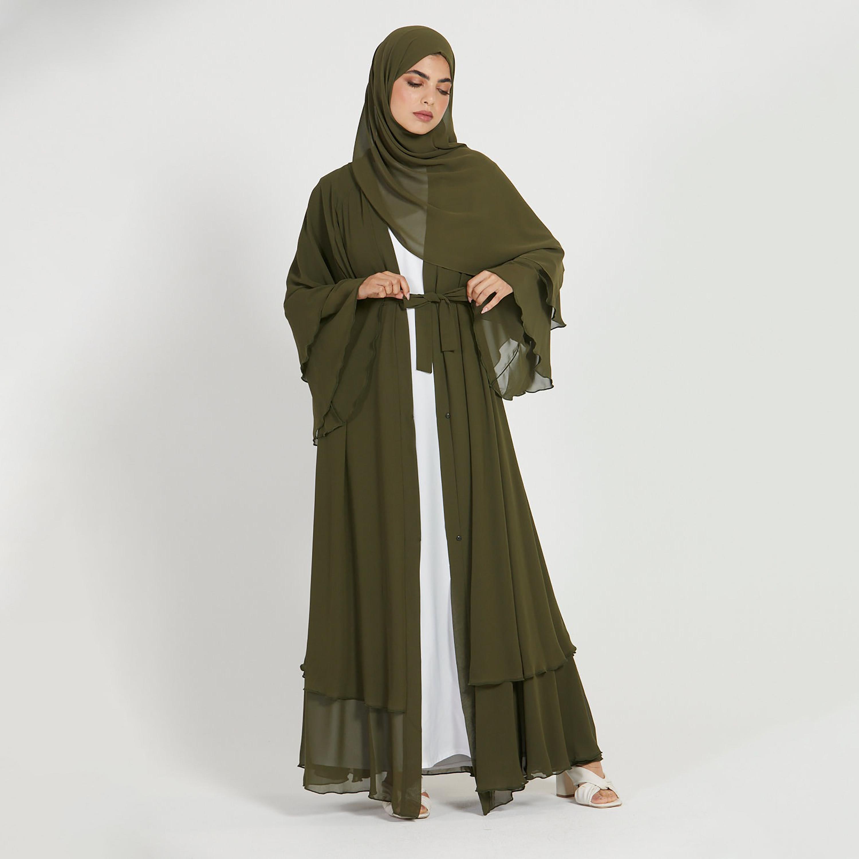 عباية نسائية بأكمام واسعة ذات طبقات بلون اخضر مع حجاب من نخبه-women-arabicclothing-abayas-image-1