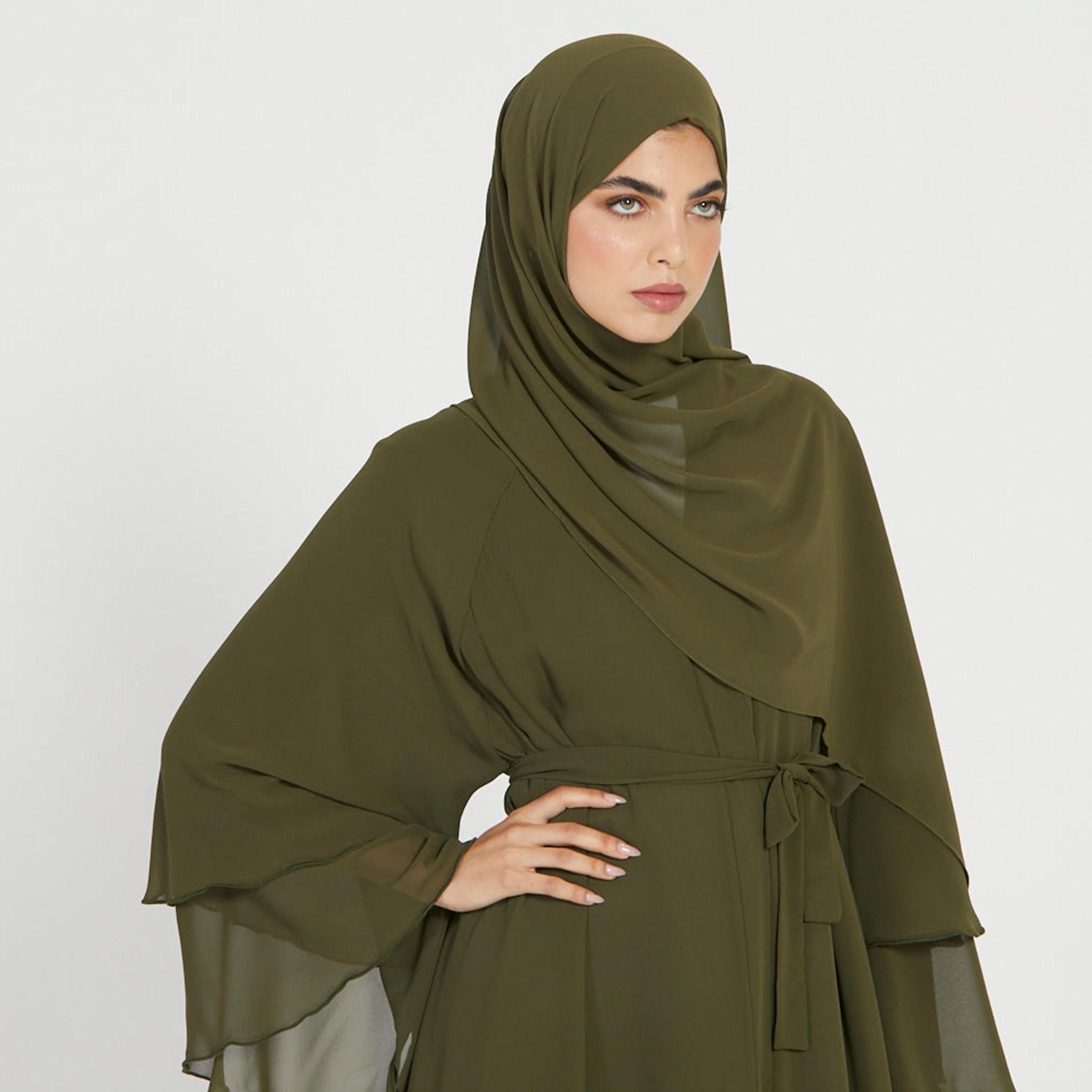 عباية نسائية بأكمام واسعة ذات طبقات بلون اخضر مع حجاب من نخبه-women-arabicclothing-abayas-image-2