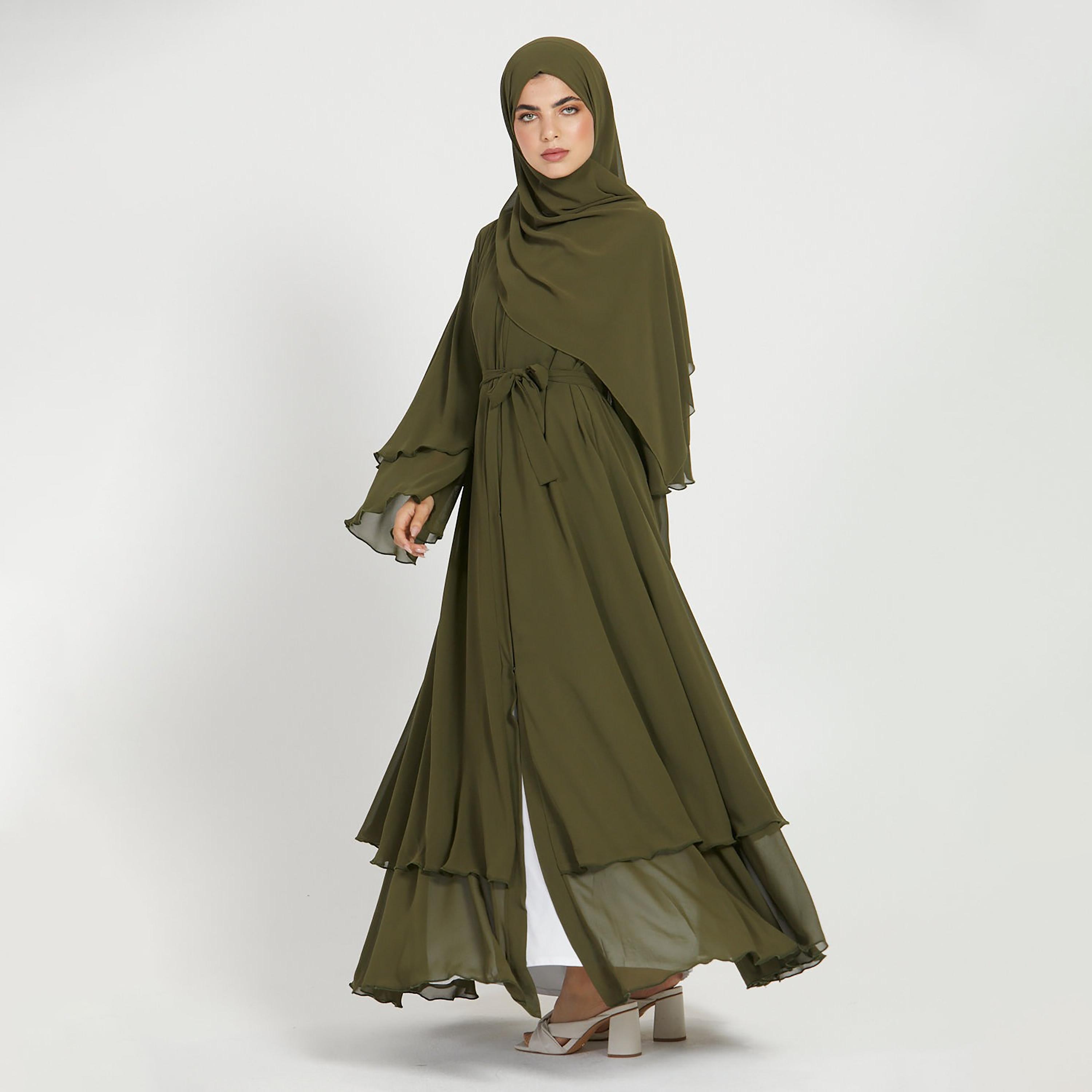 عباية نسائية بأكمام واسعة ذات طبقات بلون اخضر مع حجاب من نخبه-women-arabicclothing-abayas-image-3