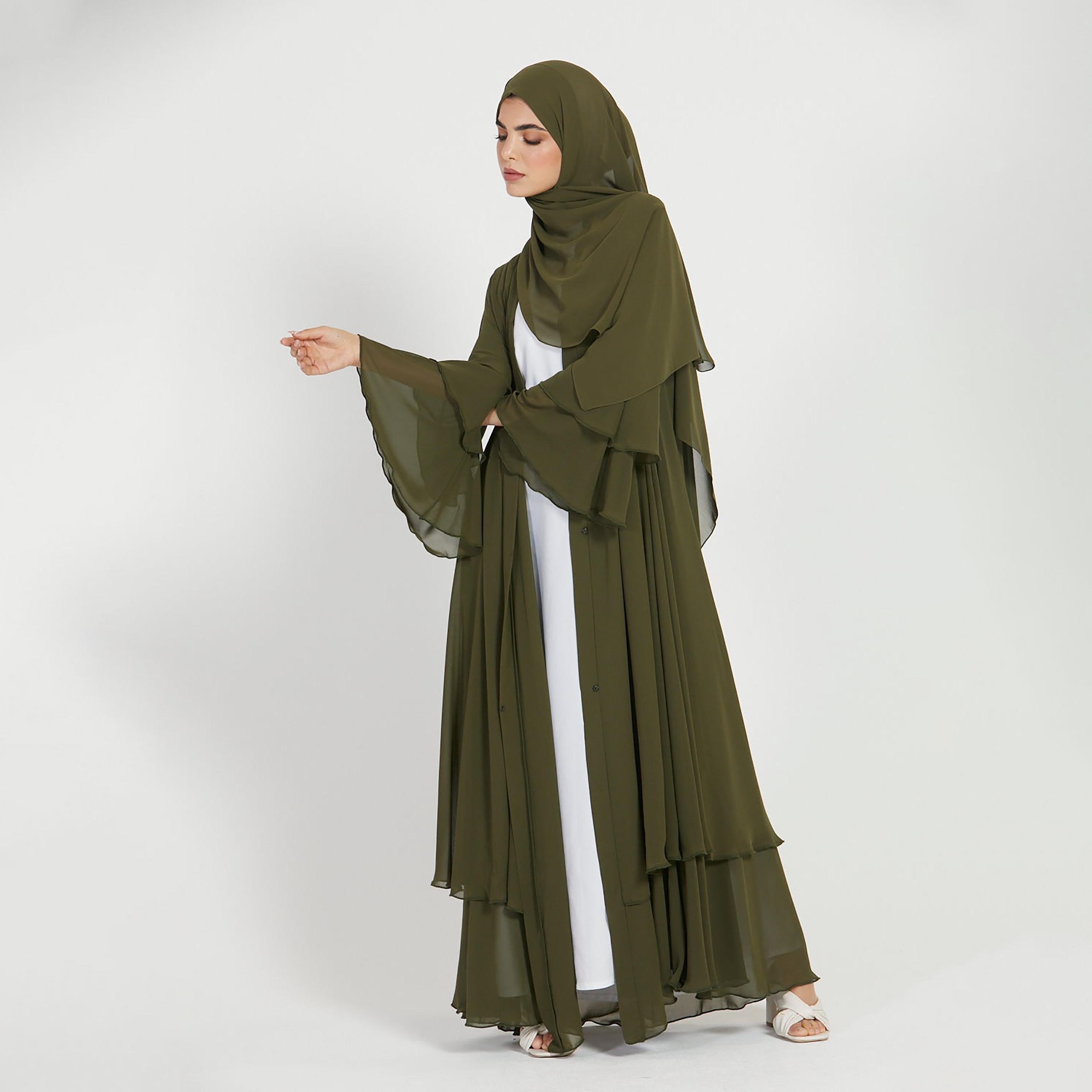عباية نسائية بأكمام واسعة ذات طبقات بلون اخضر مع حجاب من نخبه-women-arabicclothing-abayas-image-4