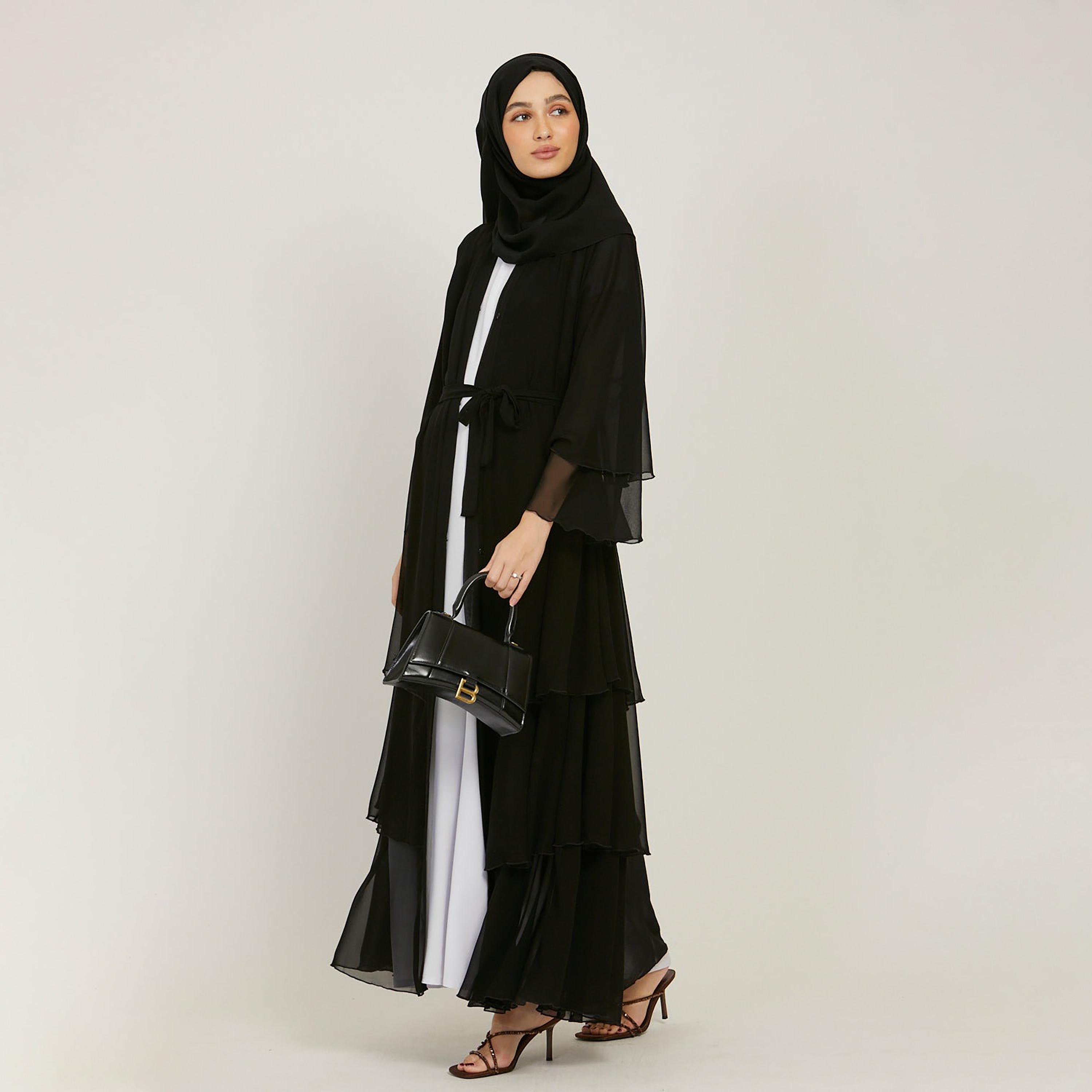 عباية نسائية بأكمام واسعة ذات طبقات بلون اسود مع حجاب من نخبه-women-arabicclothing-abayas-image-3
