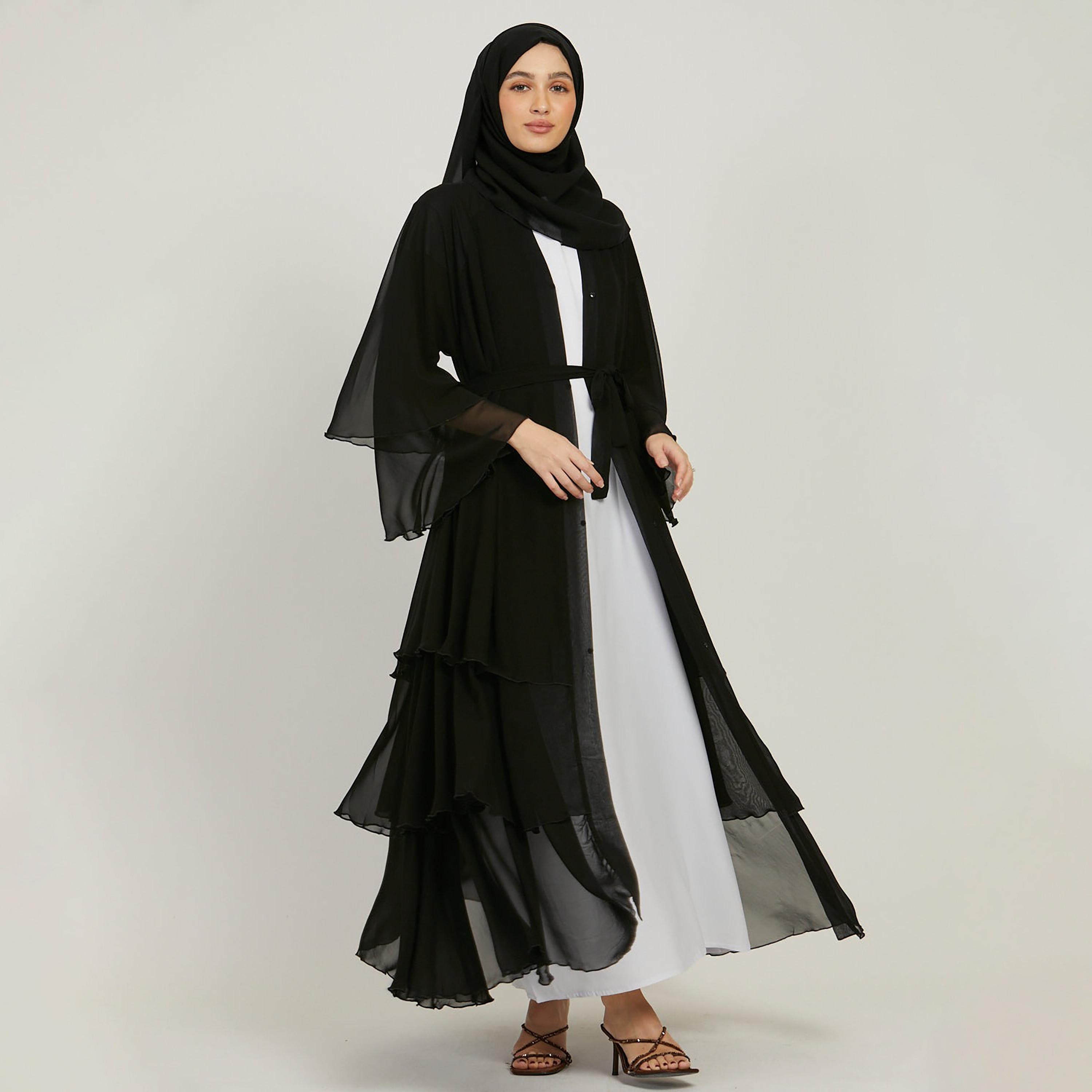 عباية نسائية بأكمام واسعة ذات طبقات بلون اسود مع حجاب من نخبه-women-arabicclothing-abayas-image-4