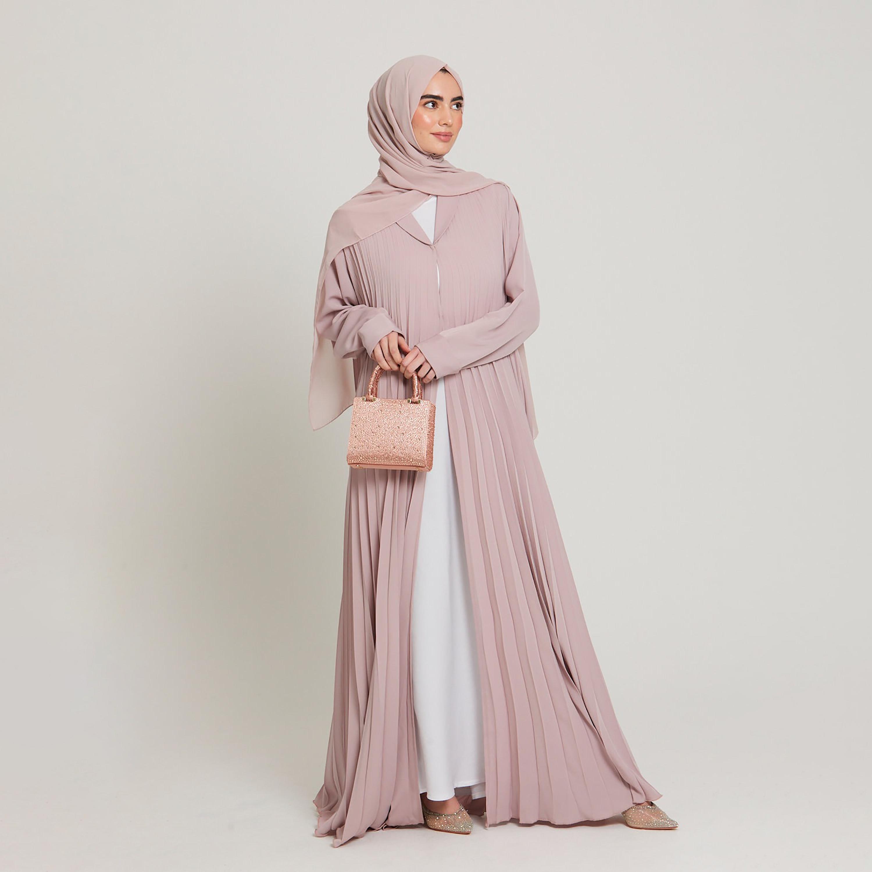 Nukhbaa Pink Cuff Sleeves Pleated Women's Abaya with Hijab-women-arabicclothing-abayas-image-1