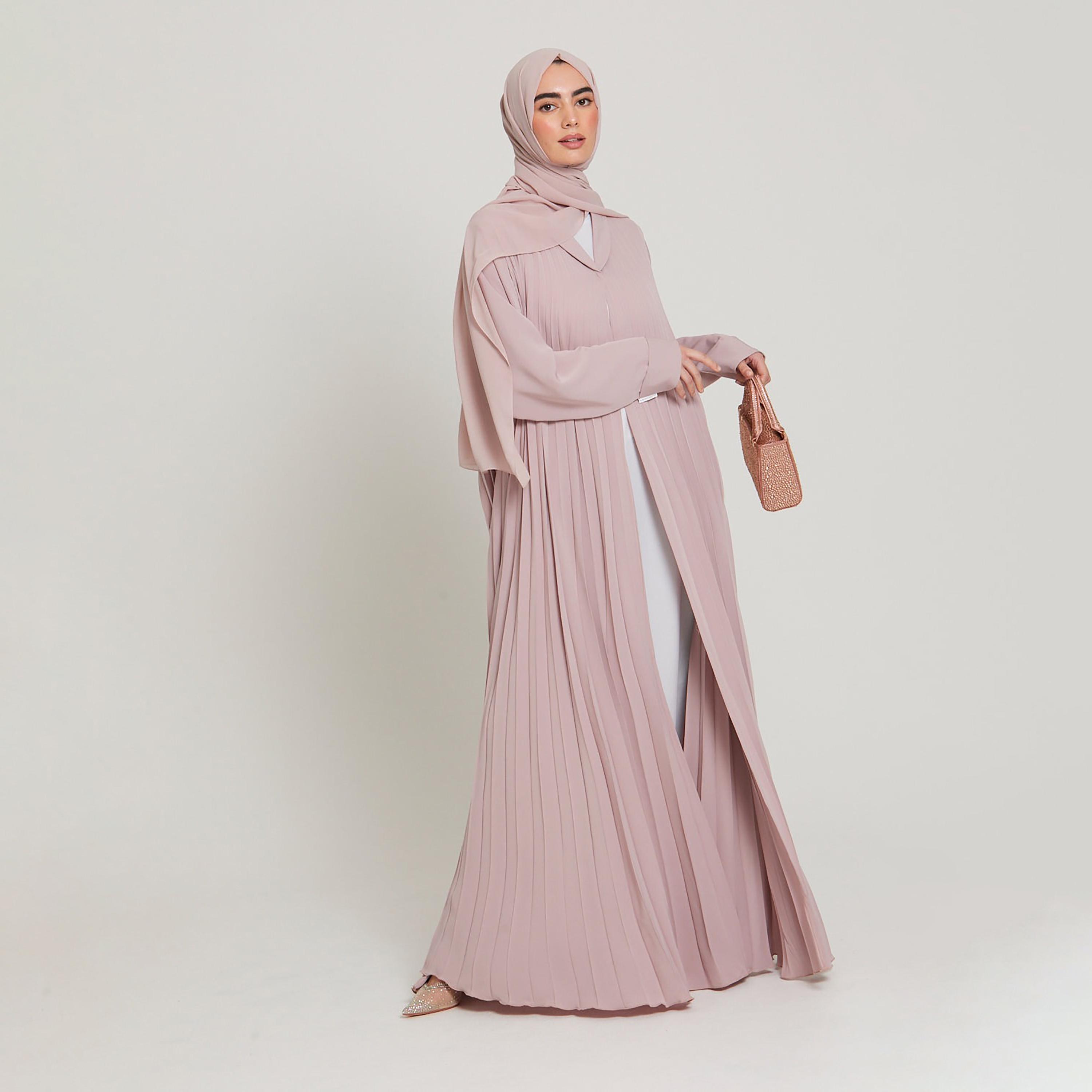 Nukhbaa Pink Cuff Sleeves Pleated Women's Abaya with Hijab-women-arabicclothing-abayas-image-2