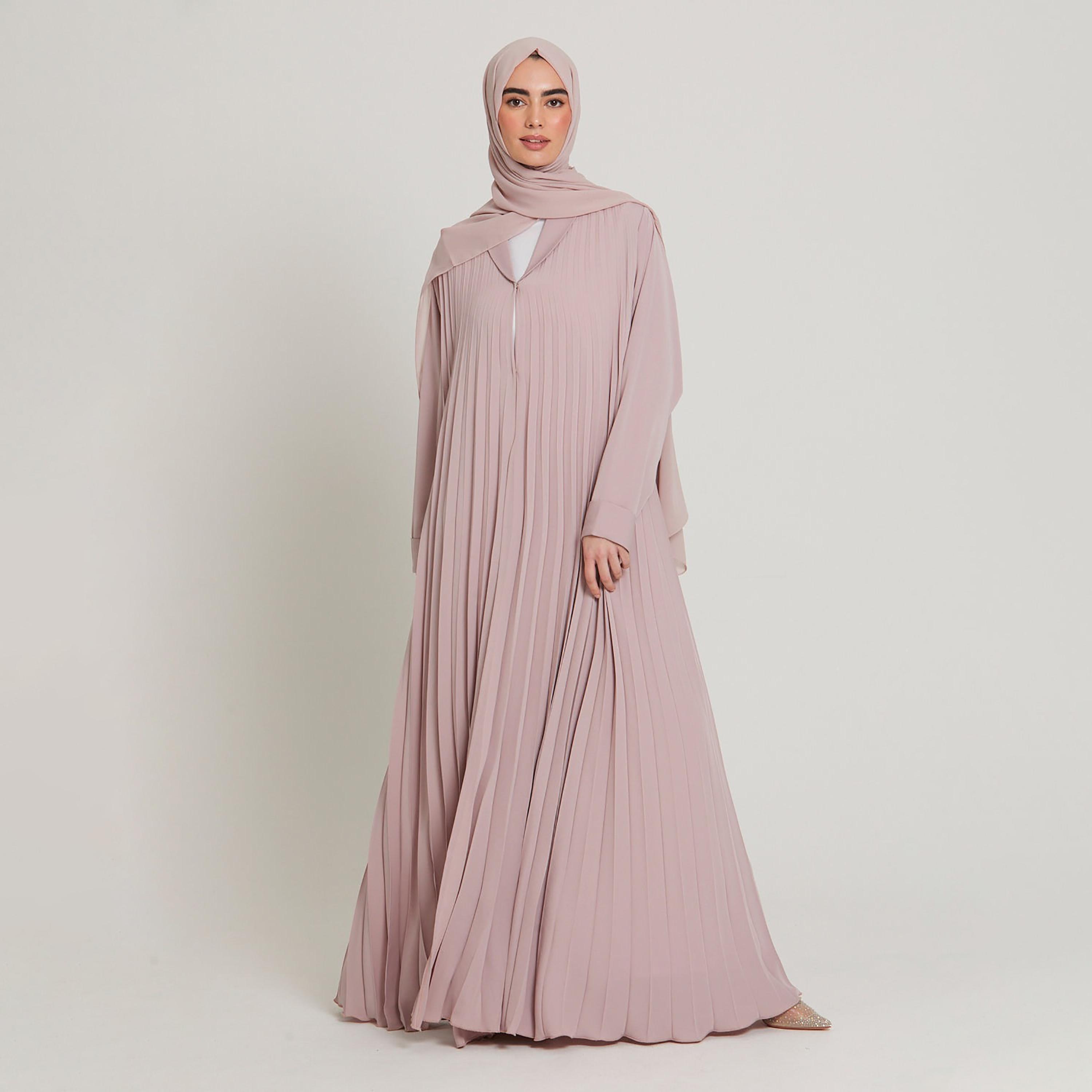 Nukhbaa Pink Cuff Sleeves Pleated Women's Abaya with Hijab-women-arabicclothing-abayas-image-3